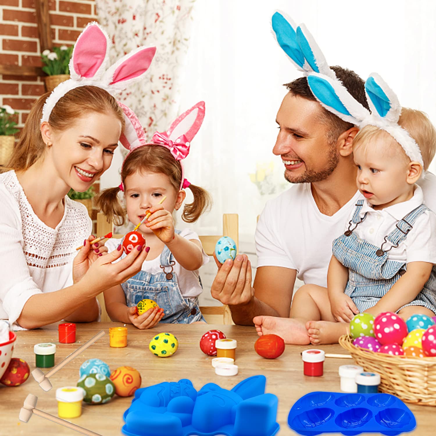 3Pcs Large Bunny Silicone Mold Set - 3D Rabbit Easter Egg Cake Chocolate Candy Jello Cocoa Bombs Baking Molds with 2 Wooden Hammers - Perfect for Easter Treats, DIY Desserts & Holiday Baking