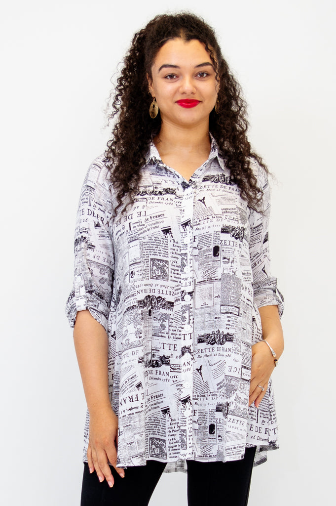Celine Blouse Women's French News Print Linen Bamboo Shirt - Elegant Summer Top for Office, Date Night & Casual Outings