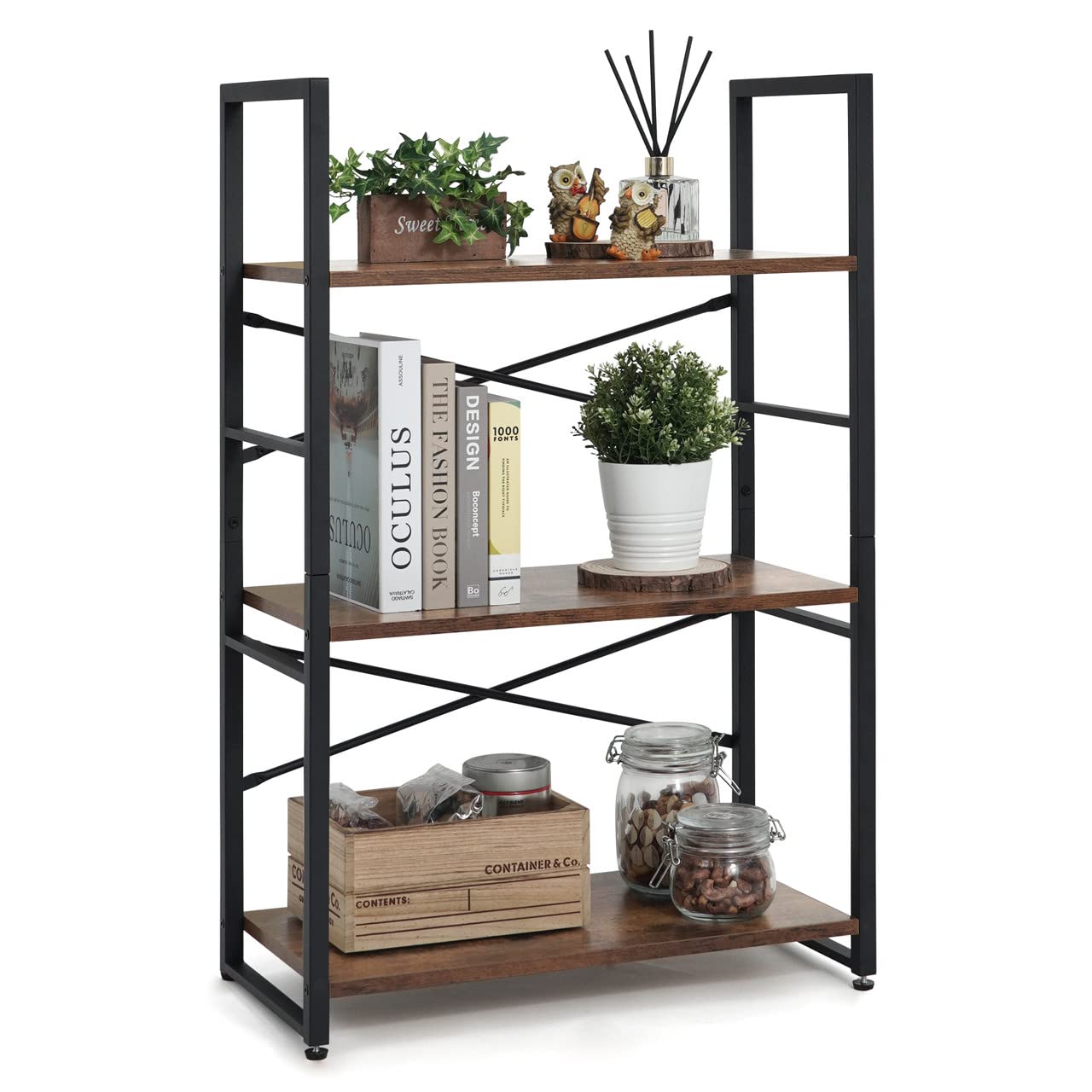CAPHAUS 3-Tier Small Bookshelf - 24 Inch Wide Free Standing Shelf, Rustic Oak Vintage Bookcase with Metal Frame for Home Office & Living Room Storage | Perfect for Organizing Books, Decor & Essentials
