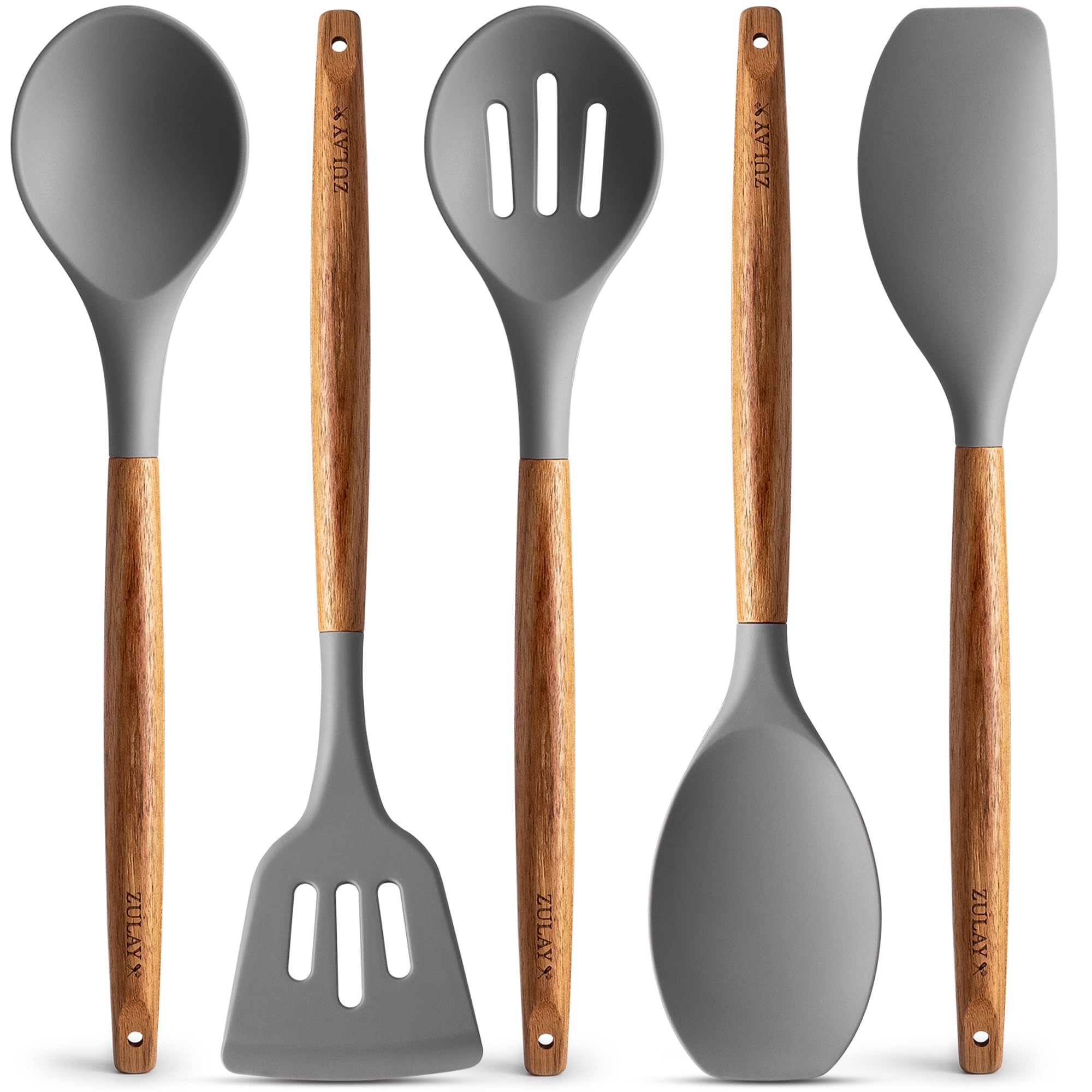 Zulay Kitchen 5-Piece Silicone Cooking Utensils Set with Acacia Wood Handles - Heat Resistant up to 464°F, Non-Stick Safe for All Cookware - Perfect for Baking, Frying, Sauteing & Everyday Cooking - Gray Kitchen Essentials