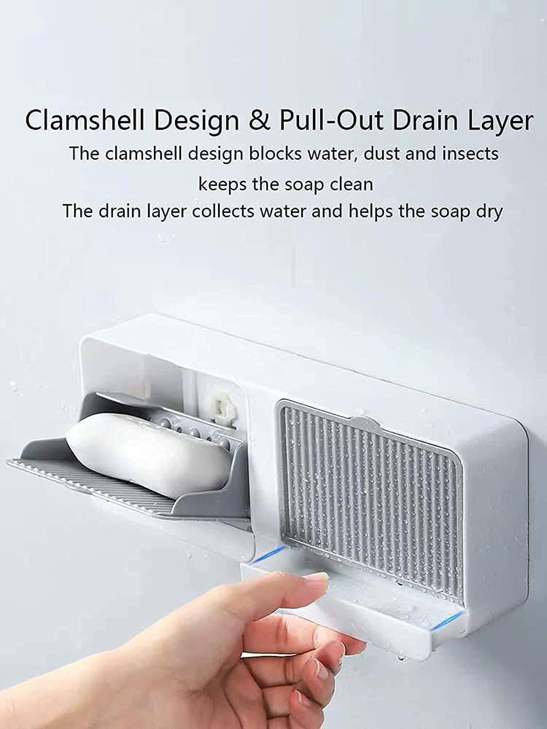 Prexi No-Drill Wall Mounted Soap Holder with Lid - Double Grid Drainage Soap Dish for Bathroom, Kitchen & Laundry - Adhesive Soap Storage Box with Drain Tray - Perfect for Small Spaces, RVs & Apartments