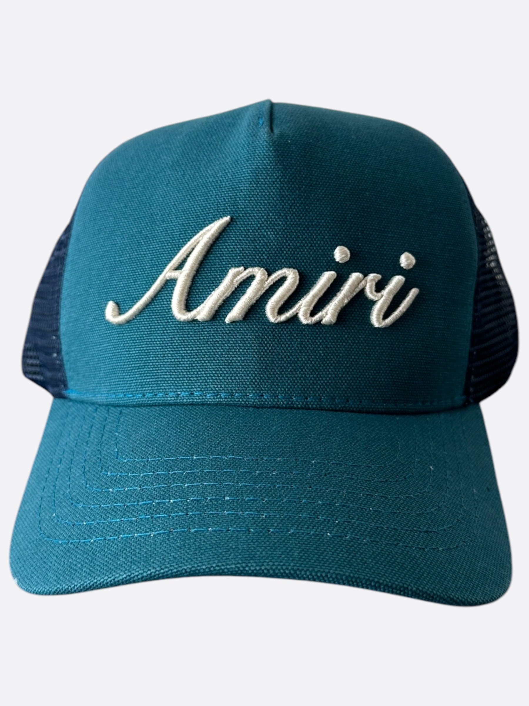 Amiri Blue & White Script Logo Trucker Hat - Stylish Baseball Cap for Men & Women - Perfect for Streetwear, Casual Outfits & Outdoor Activities