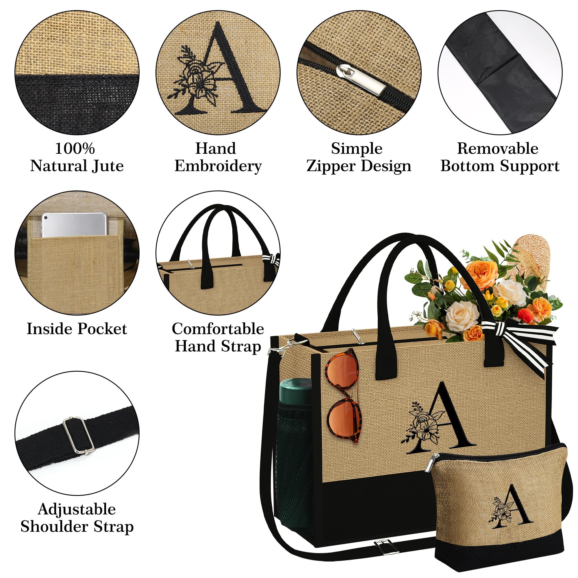 Personalized Jute Tote Bag with Zipper - Monogram Makeup Bag for Women, Perfect Birthday Gift & Friend Present for Daily Use