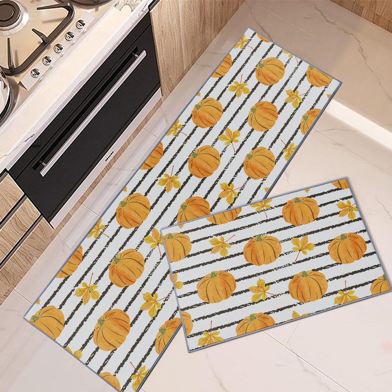 Non-Slip Washable Fall Kitchen Rugs Set of 2 - Autumn Pumpkin Leaf Runner & Striped Halloween Floor Mat - Anti-Skid Under Sink Rug & Kitchen Doormat - Perfect for Thanksgiving, Halloween Decor & Cozy Home Kitchen