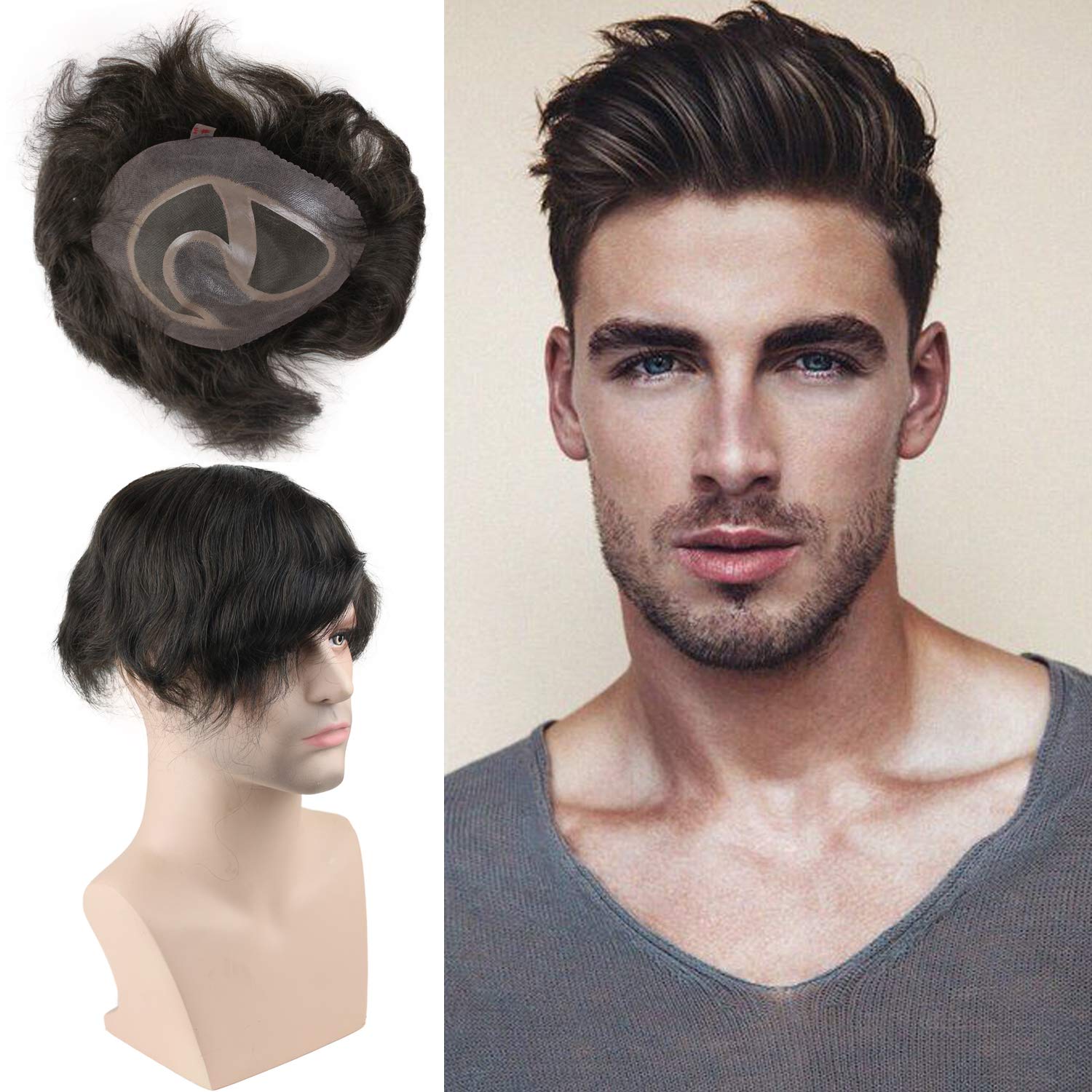Premium Mono Lace Toupee for Men - 10x8 Inch Thin Skin Hair Replacement System with Human Hair (#3 Dark Brown) - Natural Looking Hairpiece for Daily Wear & Special Occasions