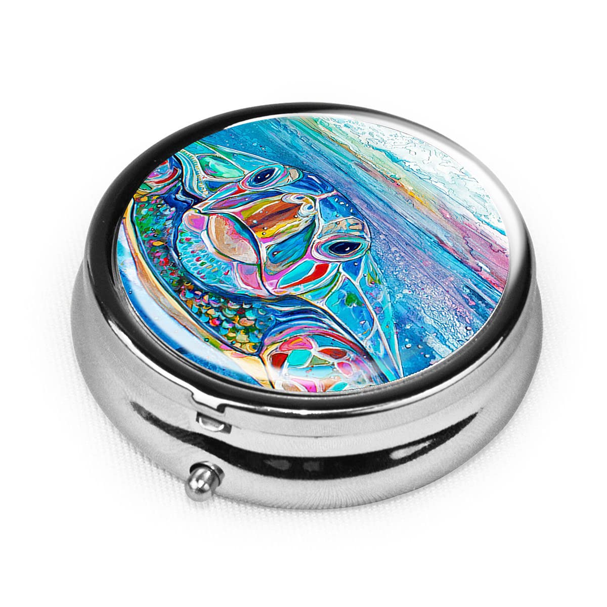 Round Metal Medicine Pill Box - Portable Travel Pill Case with 3 Compartments, Cute Sea Turtle Design - Perfect for Travel, Purse, Daily Medication Organizer & Unique Gift Idea