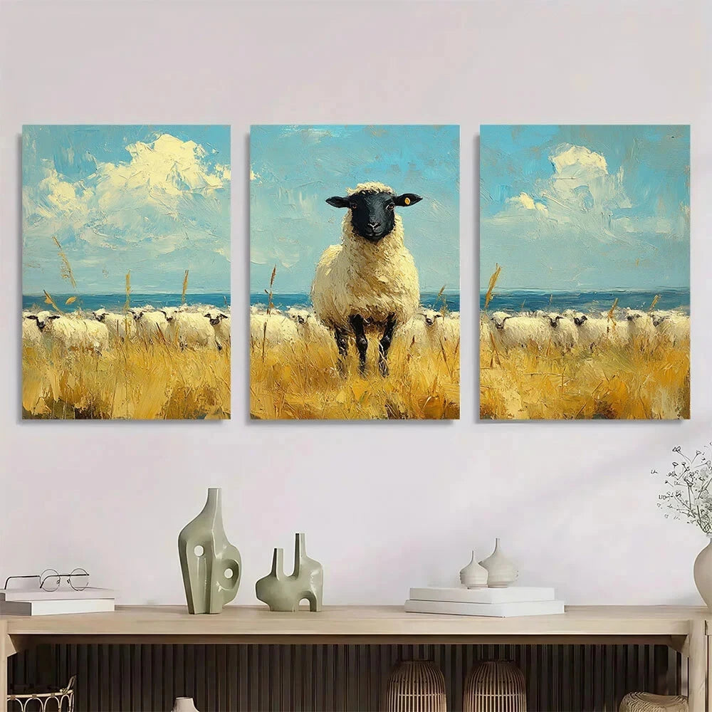 3-Piece Black Sheep in Grassy Field Metal Wall Art Prints - Ready to Hang Home Decor for Living Room, Bedroom & Office