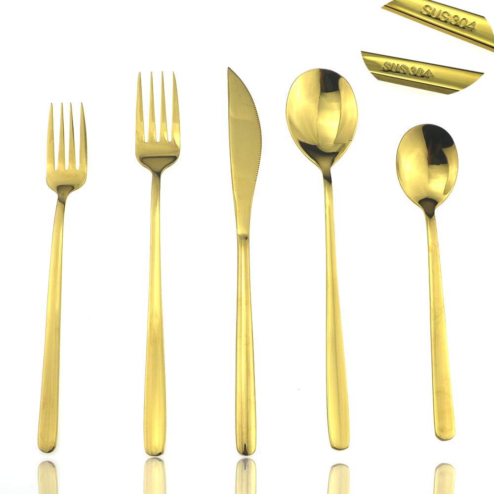 JASHII Mirror Polished Gold 30-Piece SUS304 Stainless Steel Flatware Set - Dinner Knife, Fork, Spoon, Dessert Fork & Salad Spoon for 6 People - Elegant Tableware for Fine Dining, Wedding Gifts & Home Entertaining