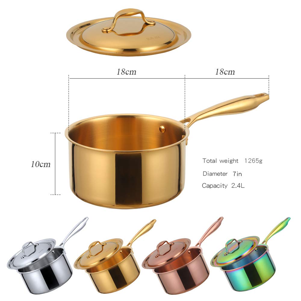 BuyGo 18/8 Stainless Steel Saucepan - 2.5 Quart Rainbow Cookware Pot with Heat-Resistant Handle, 3-Layer Multi-Purpose Induction Compatible Pot for Gas & Electric Stovetops, Dishwasher Safe - Perfect for Boiling, Simmering & Cooking Soups, Pasta & Sauces