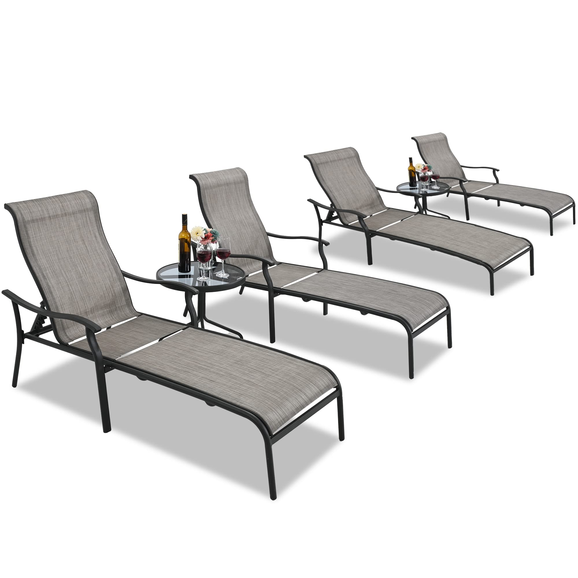 HAPPATIO 6-Piece Patio Chaise Lounge Set with Glass Coffee Table - Breathable Textilene Fabric Outdoor Pool Lounge Chairs (Gray) - Perfect for Backyard, Poolside, and Patio Relaxation