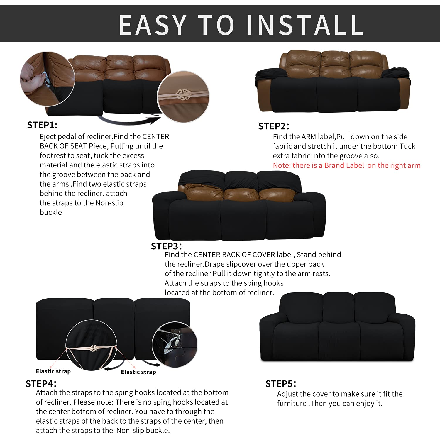 Waterproof Stretch Sofa Covers - 8 Piece PU Leather Recliner Slipcover Set with Elastic Straps - Furniture Protector for Pets & Kids - Black - Perfect for Living Room, Family Room & Pet-Friendly Homes