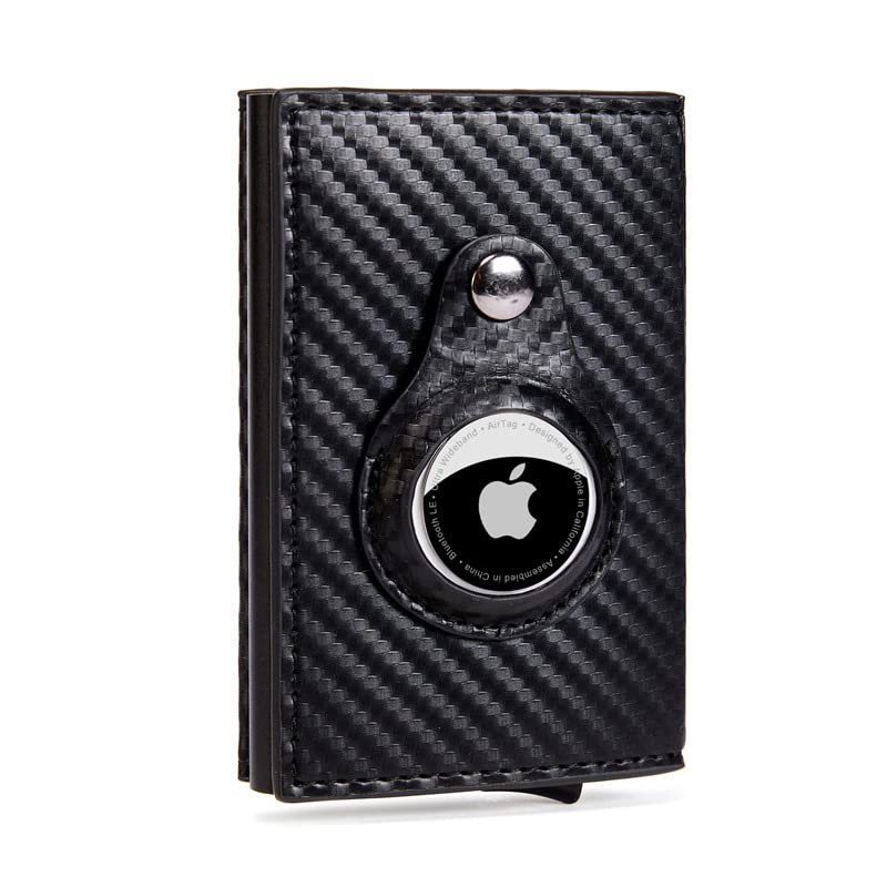 JAT Genuine Crazy Horse Leather Men's Wallet with AirTag Holder - Automatic Pop-Up Case, Carbon Fiber & ID Window - RFID Blocking for Travel & Everyday Use