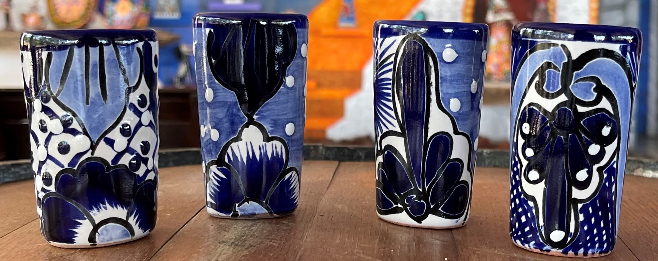 Authentic Mexican Talavera Shot Glasses Set of 4 - Hand-Painted 2oz Tequila Glasses (Blue) - Perfect for Margaritas, Parties & Mexican-Themed Decor