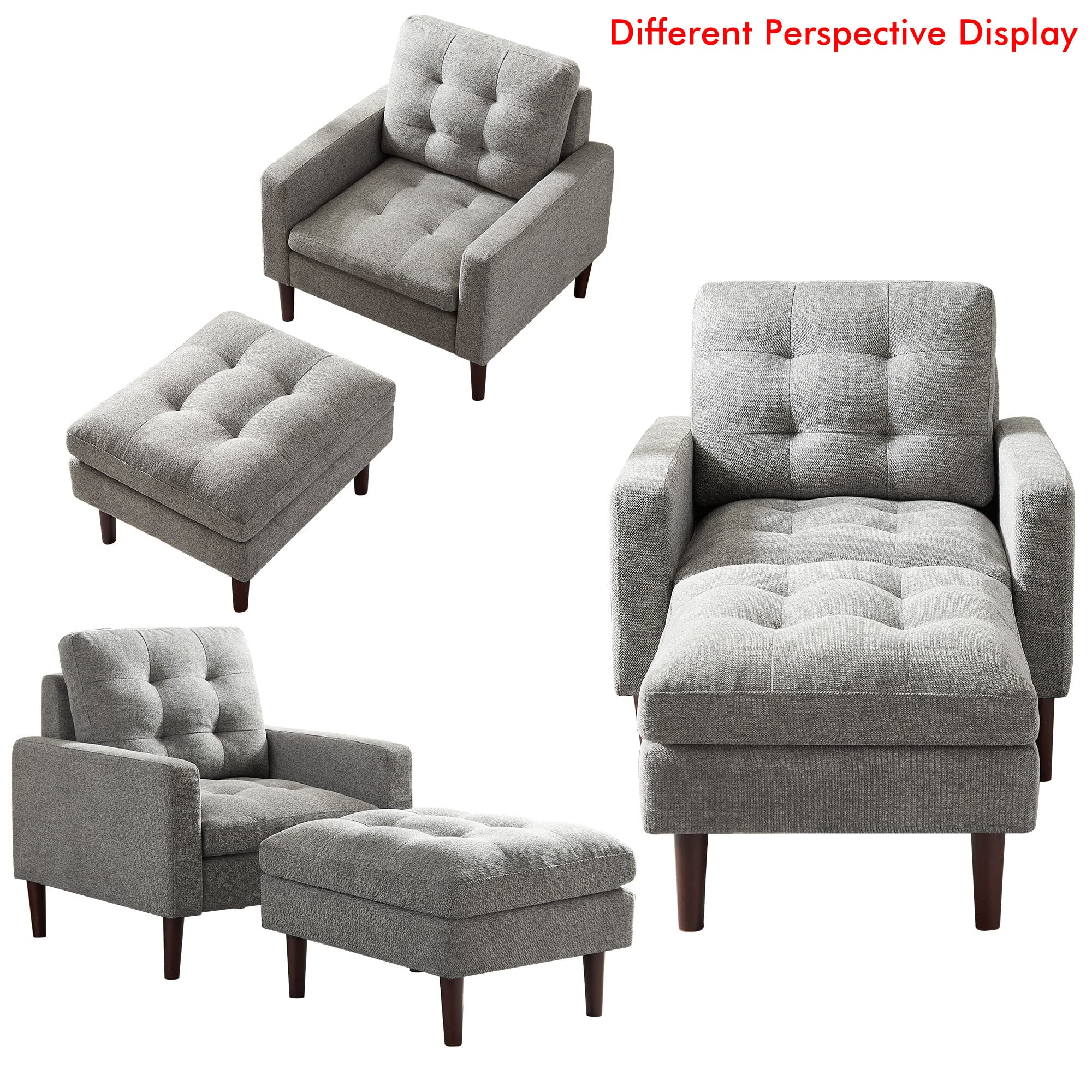Modern Single Sofa Chair with Ottoman Set - Upholstered Living Room Armchair with Solid Wood Legs, Comfortable Fabric Lounge Chair for Home, Hotel & Office (Grey) - Perfect for Reading Nook, Living Room Decor & Guest Seating