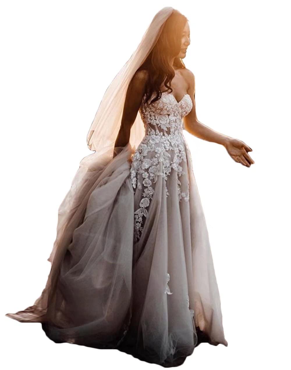 Elegant Boho Beach Wedding Dress - Sheer Lace Strapless Bridal Gown with 3D Floral Appliques | Perfect for Beach, Garden & Destination Weddings
