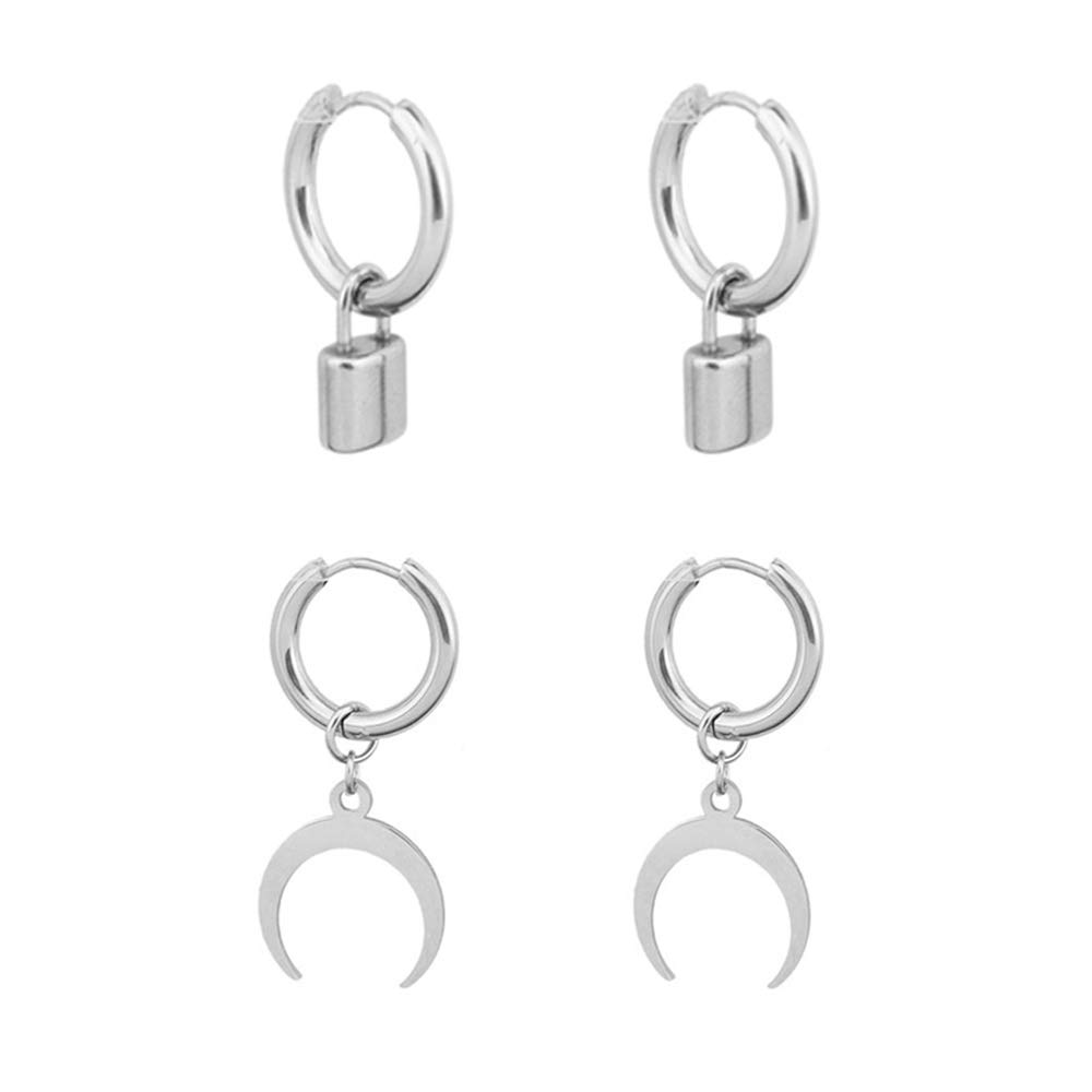 Moon Lock Huggie Hoop Earrings for Men & Women - Stainless Steel Silver Unisex Jewelry | Kpop Goth Hippie Hip Hop Trendy Dangle Earrings | Hypoallergenic for Teens | Perfect for Concerts, Parties & Everyday Wear