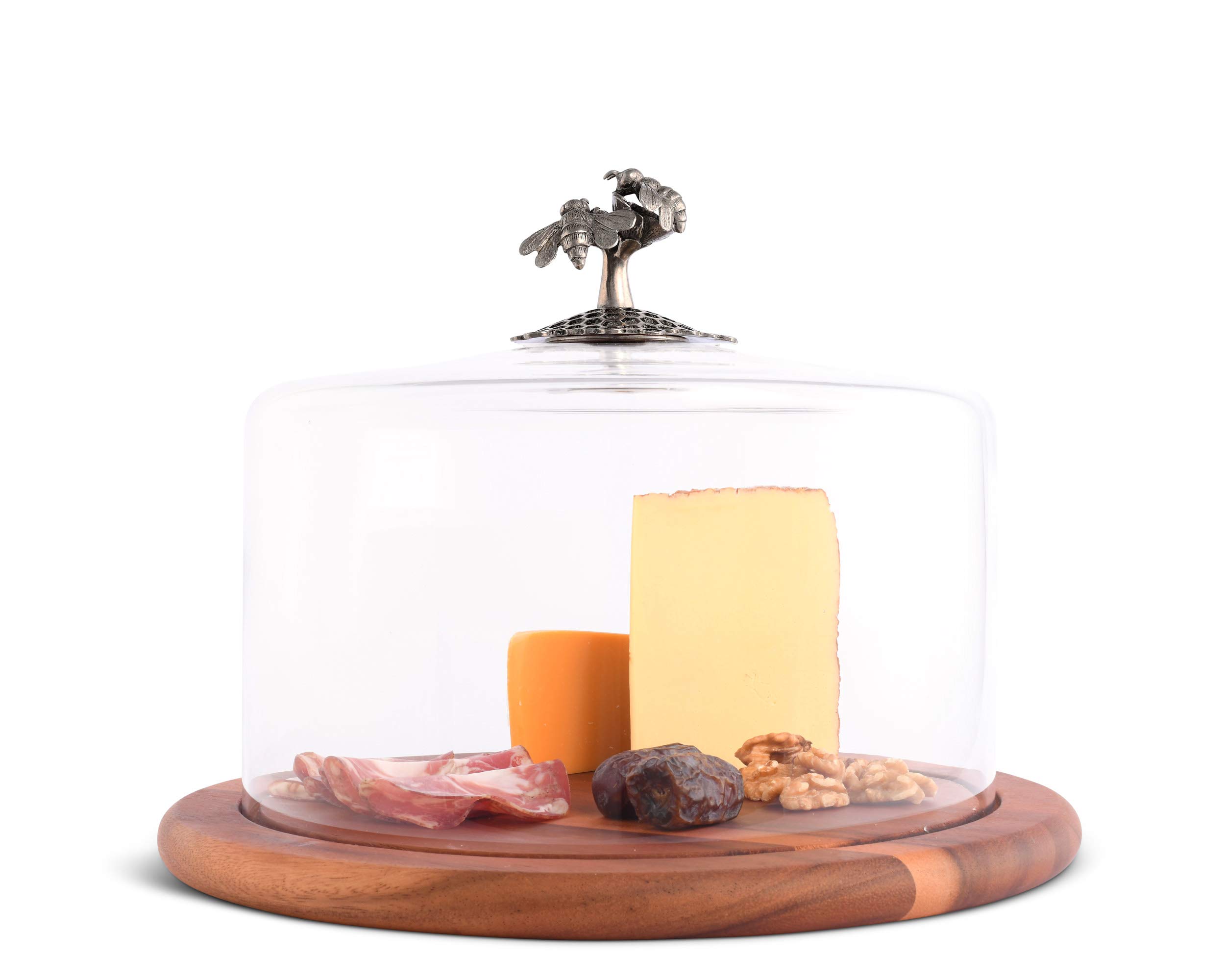 Handcrafted Wood Cheese Board with Glass Dome Cover & Solid Pewter Honey Bee Knob - 13