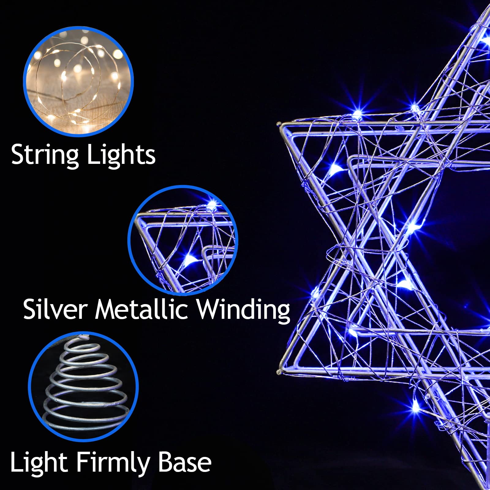 7-Inch Star of David Christmas Tree Topper - Hexagram Metal Ornament with 20 Blue LED Lights, Battery Powered with Timer - Perfect for Xmas Tree, Hanukkah, New Year & Holiday Decorations - Ideal Gift for Jewish Families & Festive Home Decor