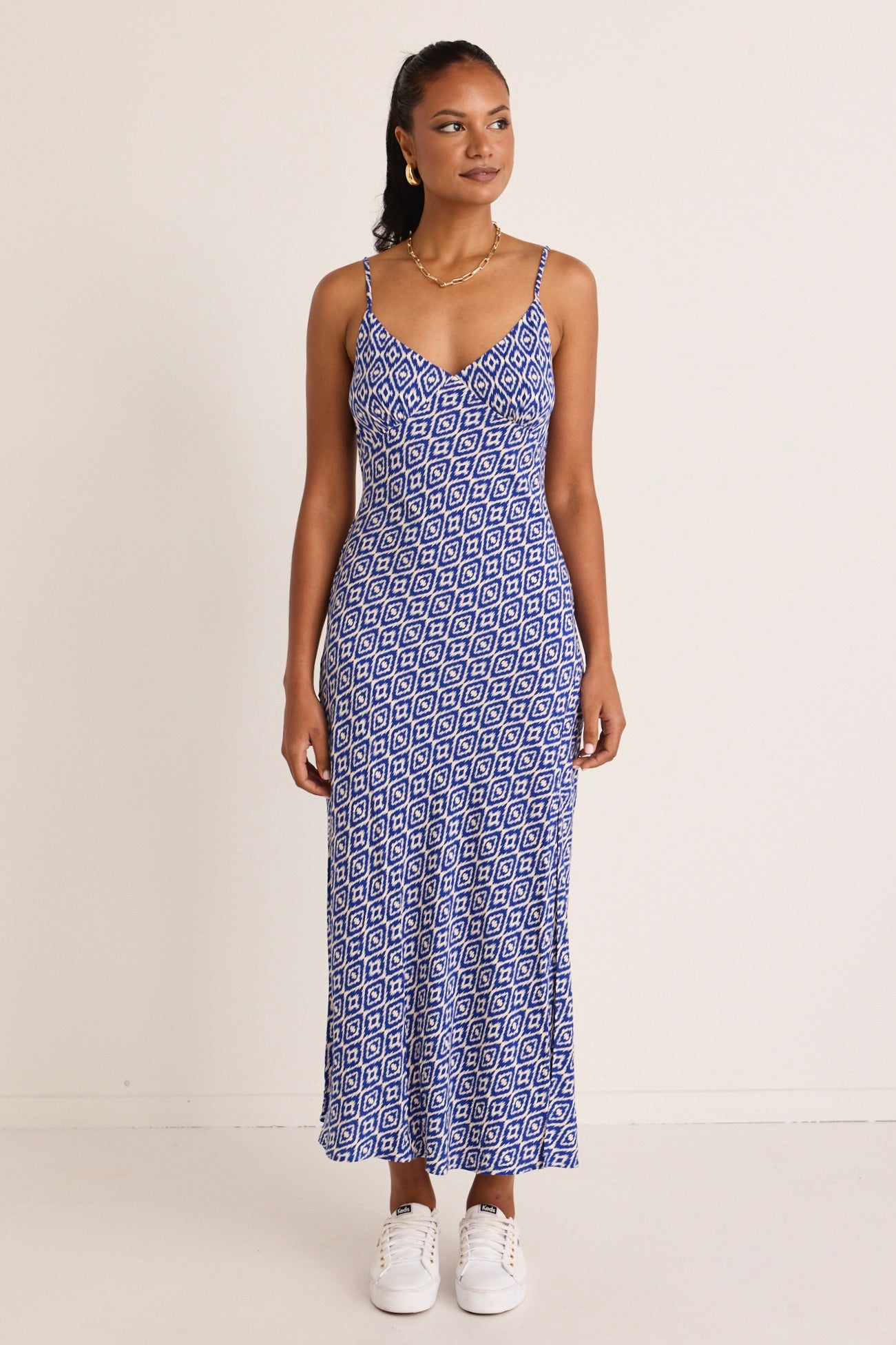 Electric Blue Batik Bias Slip Midi Dress - Boho Chic Floral Print Summer Dress for Beach Vacation & Date Night