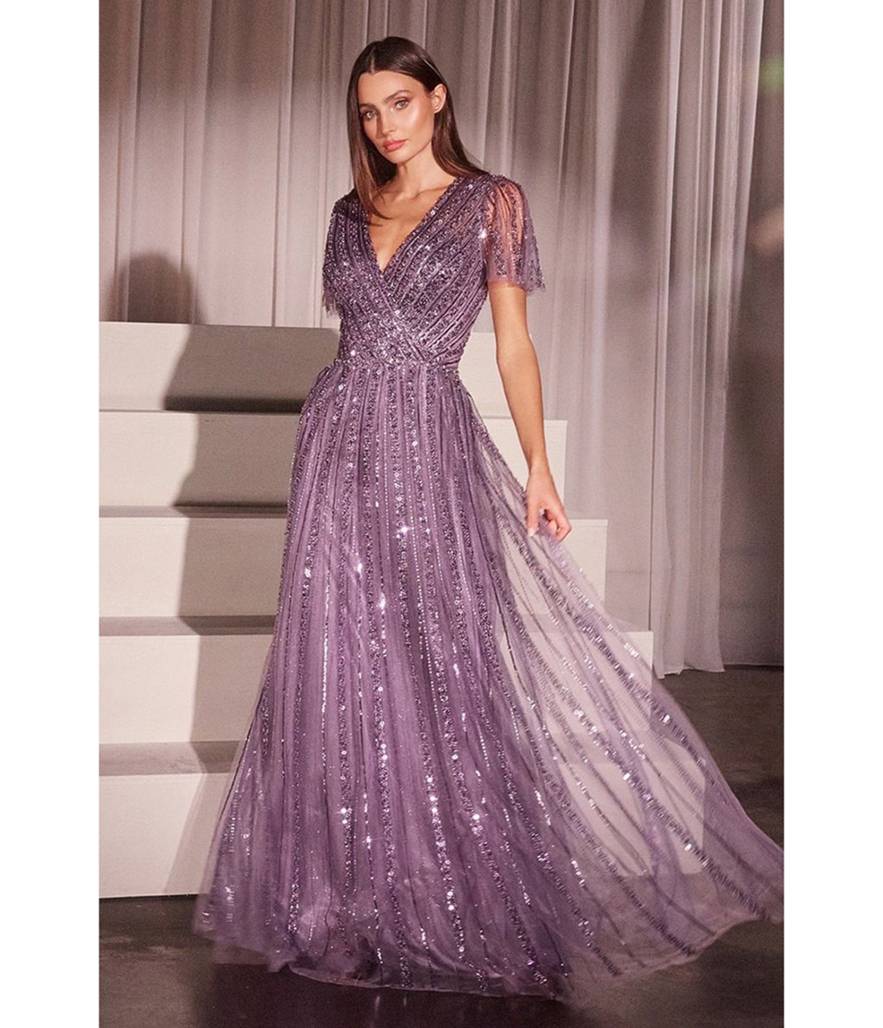 Ladivine By Cinderella Divine Beaded Short Sleeve English Violet A-Line Prom Dress for Homecoming, Wedding, Party & Special Occasions
