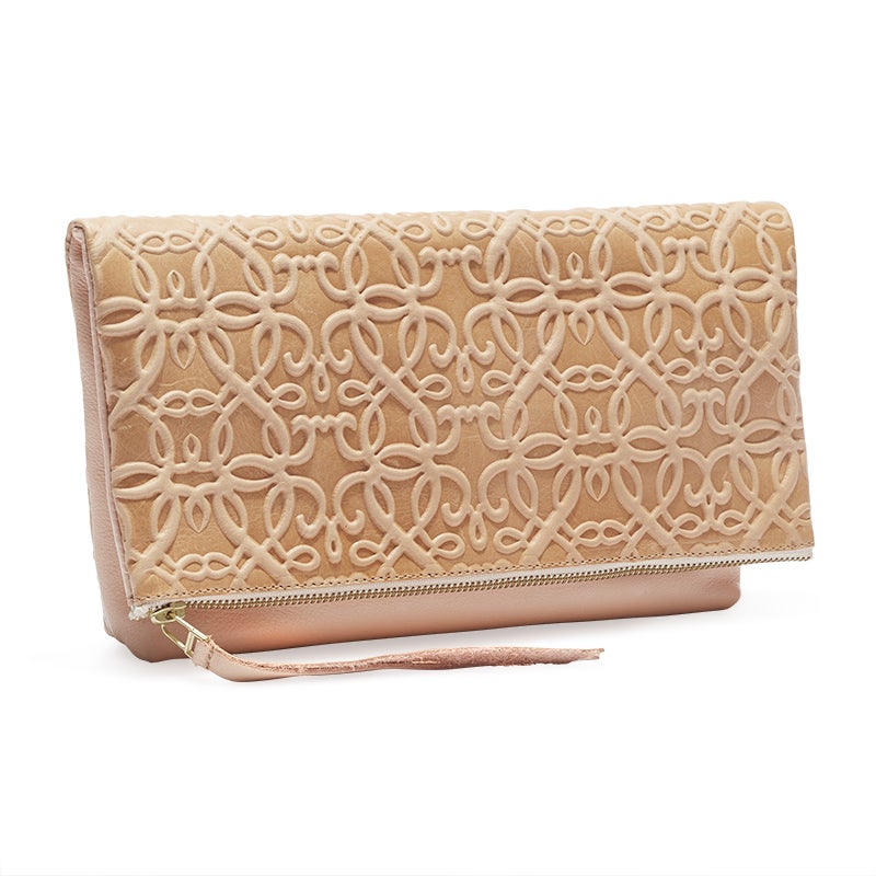 Gabriel Genuine Leather Fold Over Clutch Purse - Blush Pink Women's Wallet for Evening Parties & Date Nights