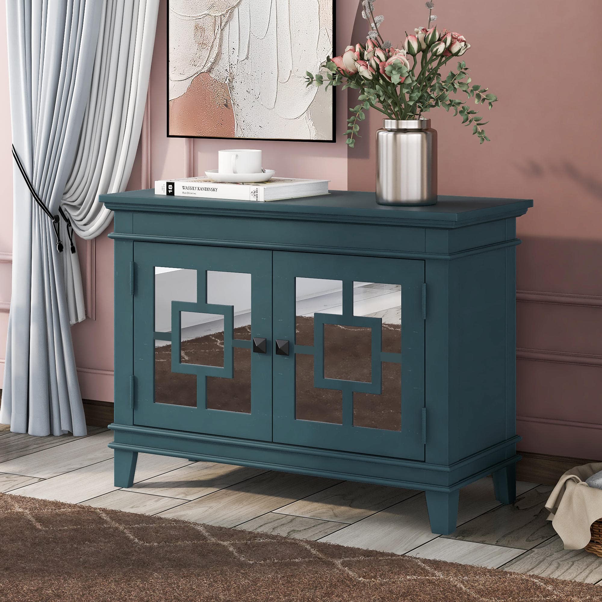 Vintage Wooden Storage Cabinet with 2 Decorative Mirror Doors & Shelves - Entryway Table, Sideboard for Living Room, Kitchen, Hallway - Perfect for Home Decor, Storage Organization & Small Space Solution (Blue)