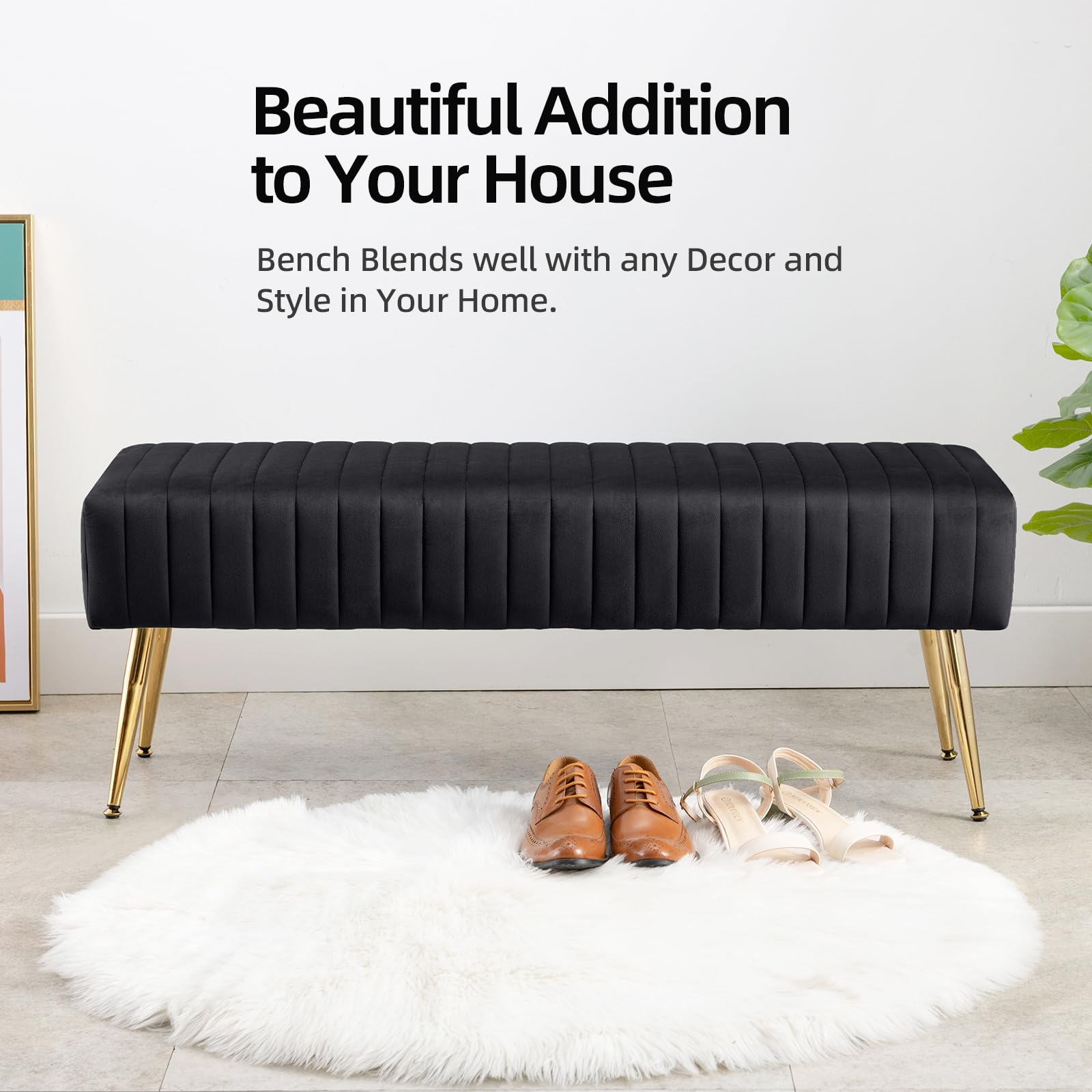 Furniliving 44 Inch Upholstered Tufted Striped Fabric Ottoman Bench with X-Shaped Metal Legs - Solid Wood Bedroom Bench for Living Room, Entryway, Foyer - Perfect for Seating, Storage & Home Decor (Black)