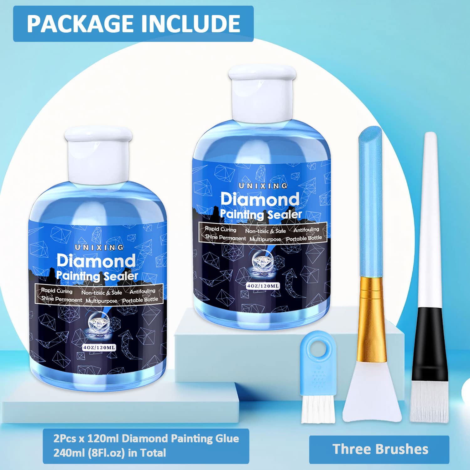 2 Pack Diamond Art Sealer Kit with 3 Brushes & 8oz Glue - 5D Diamond Painting Permanent Hold Shine Effect - Perfect for DIY Crafts, Home Decor, and Gift Making