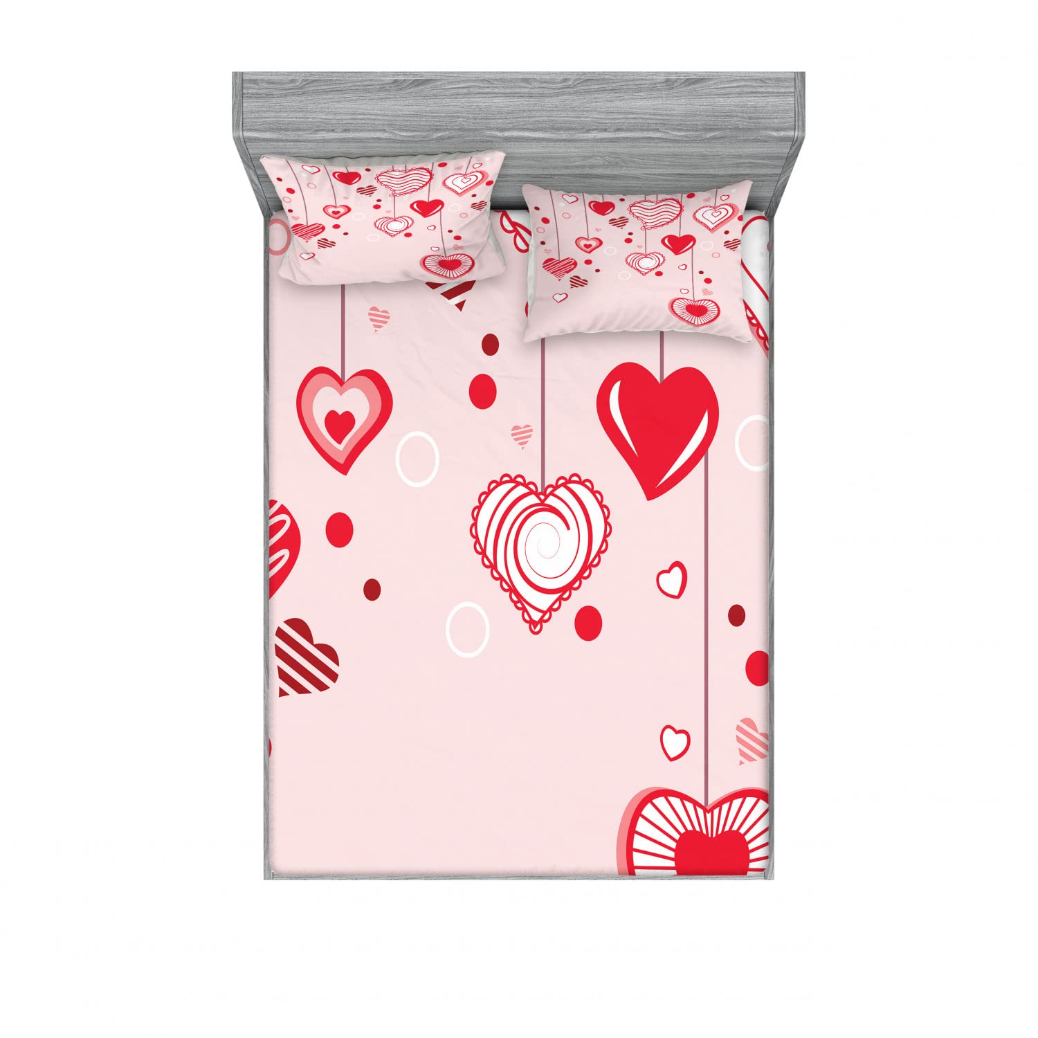 Ambesonne Romantic 2-Piece Queen Fitted Sheet Set with 4 Pillow Shams - Pink Rose Red Heart Pattern Bedding Collection | Perfect for Master Bedroom, Guest Room & Valentine's Day Decor