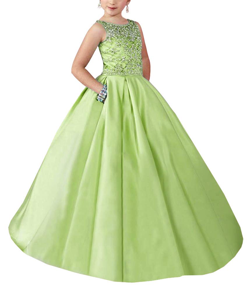 Elegant Sheer Neck Beaded Pageant Dress for Girls - Satin Backless Long Flower Girl Dress for Weddings & Special Occasions