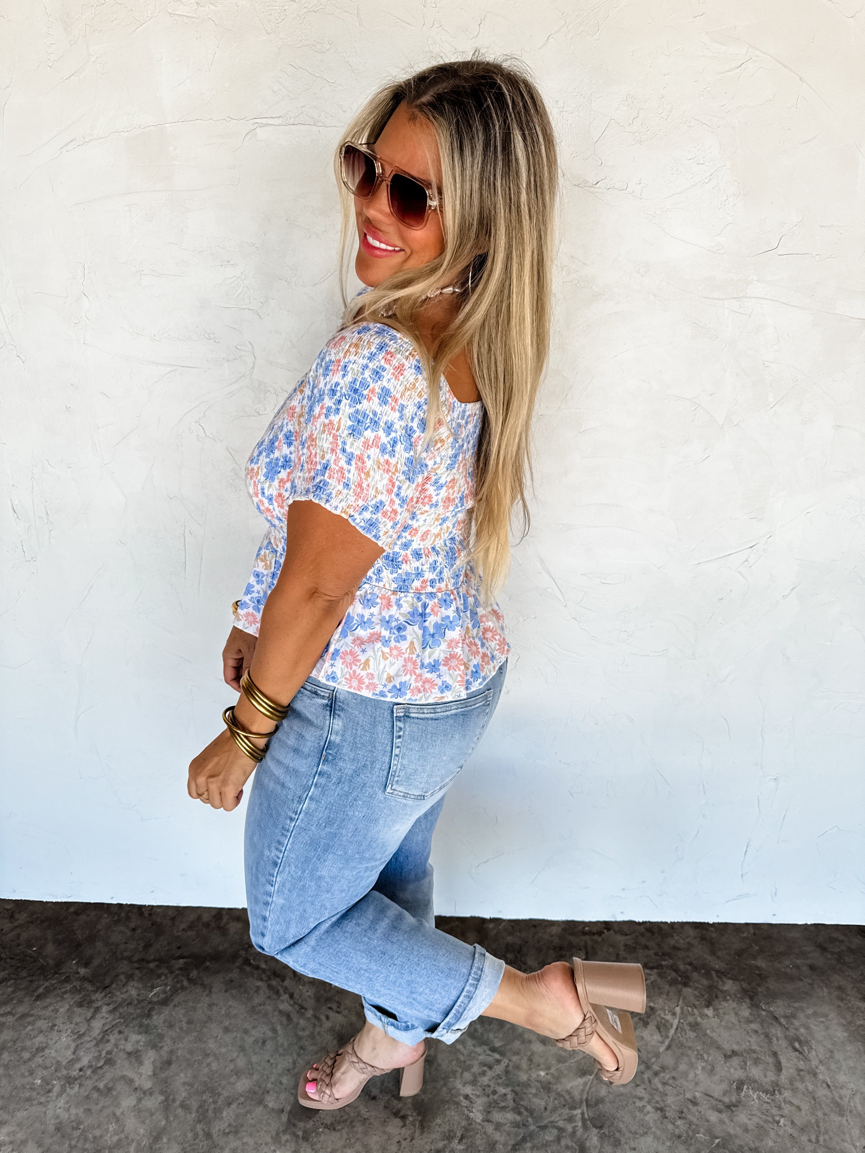 Essie Floral Smocked Top Women's Blouse - Elegant Ruffled Sleeves & Floral Print - Perfect for Spring Outfits, Date Nights & Summer Vacations