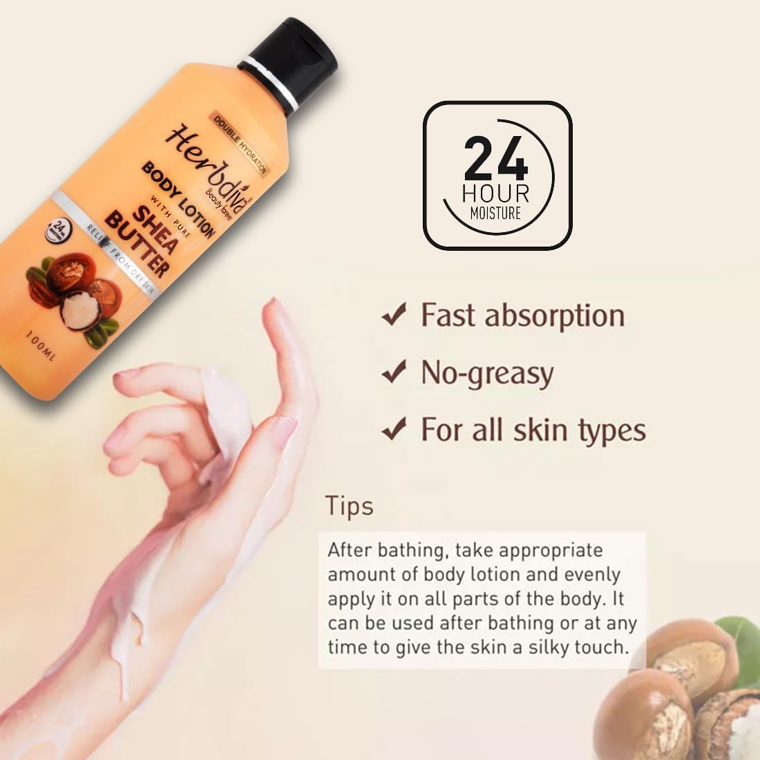 Herbdiva Double Hydration Body Lotion with Argan Oil & Shea Butter - 100ml Each, Enriched with Lavender for 24HR Moisturizing - Cruelty Free Dry Skin Relief Cream - Pack of 2 - Perfect for Daily Hydration & Nighttime Skin Care
