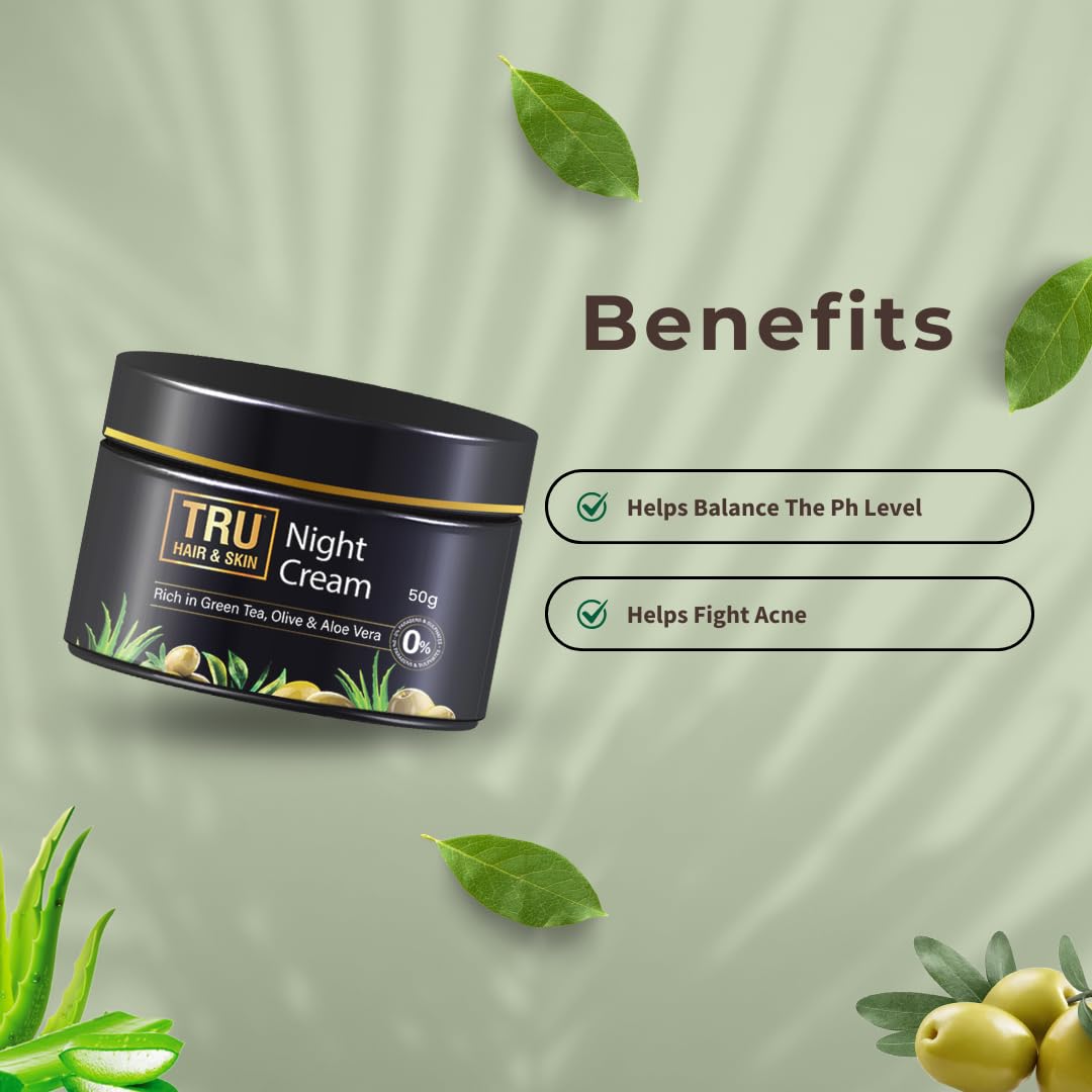 TRU HAIR & SKIN Green Tea & Niacinamide Night Cream for Acne Prone Skin - 50g | Fades Acne & Dark Spots | Hydrating Anti-Aging Face Moisturizer | Perfect for Nighttime Skincare Routine