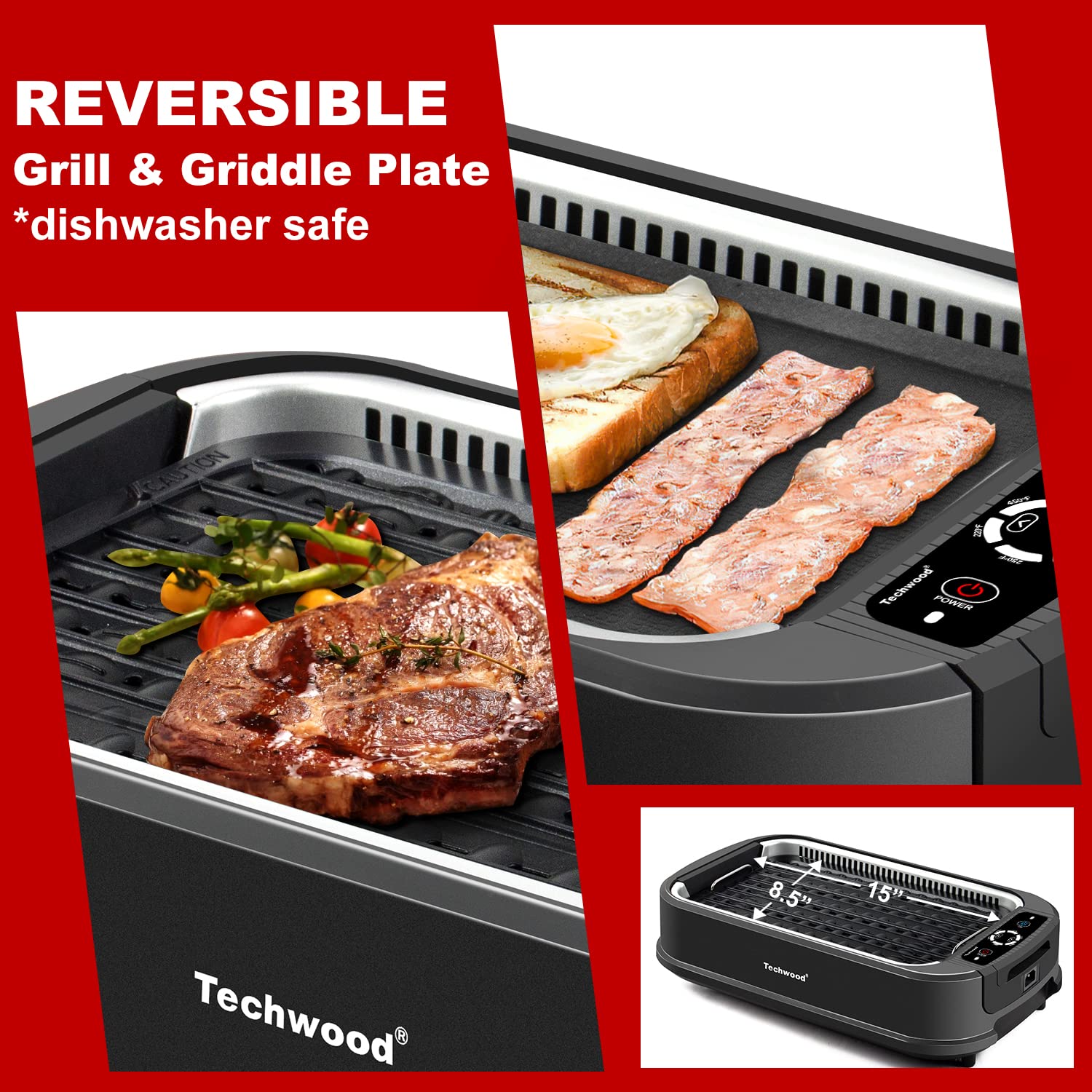Techwood 1500W Smokeless Indoor Electric Grill - 2-in-1 Nonstick Grill & Griddle Plates, 6-Level Temperature Control, Portable Korean BBQ Grill with Glass Lid, Dishwasher Safe (Black) - Perfect for Home Cooking, Family Gatherings & Apartment Living