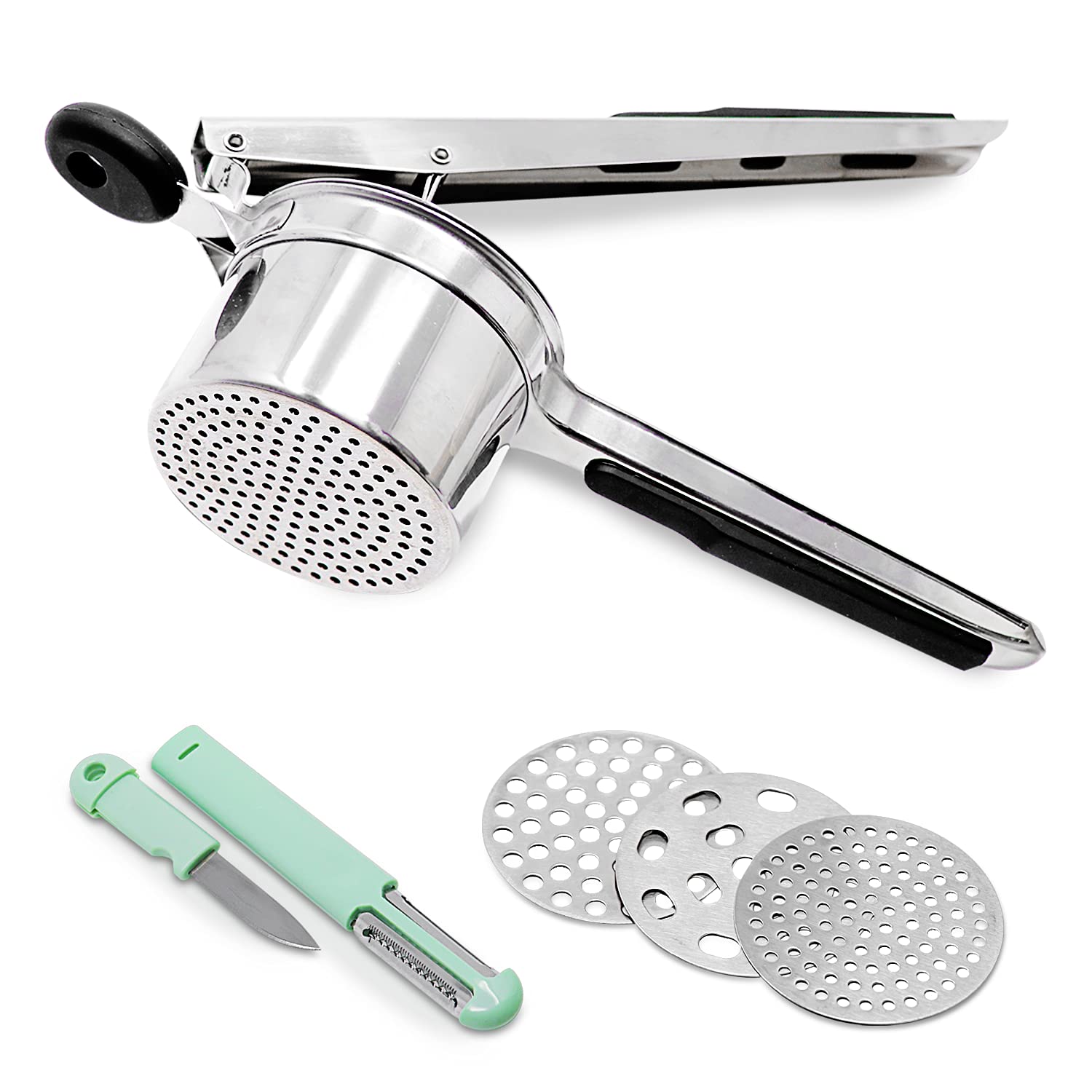 Stainless Steel Potato Ricer - 15 Oz Professional Potato Masher with 3 Interchangeable Discs & 3-in-1 Vegetable Peeler for Perfect Mashed Potatoes | Ideal for Home Kitchens, Restaurants & Meal Prep
