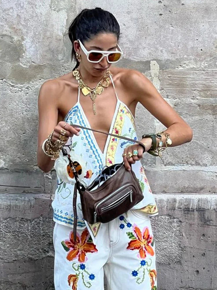 Women's Fashion Beach Print Tank Top & Wide Leg Zipper Pants 2-Piece Set - Halter Backless Sleeveless Vest Outfit for Summer Vacations, Pool Parties & Tropical Getaways 2024