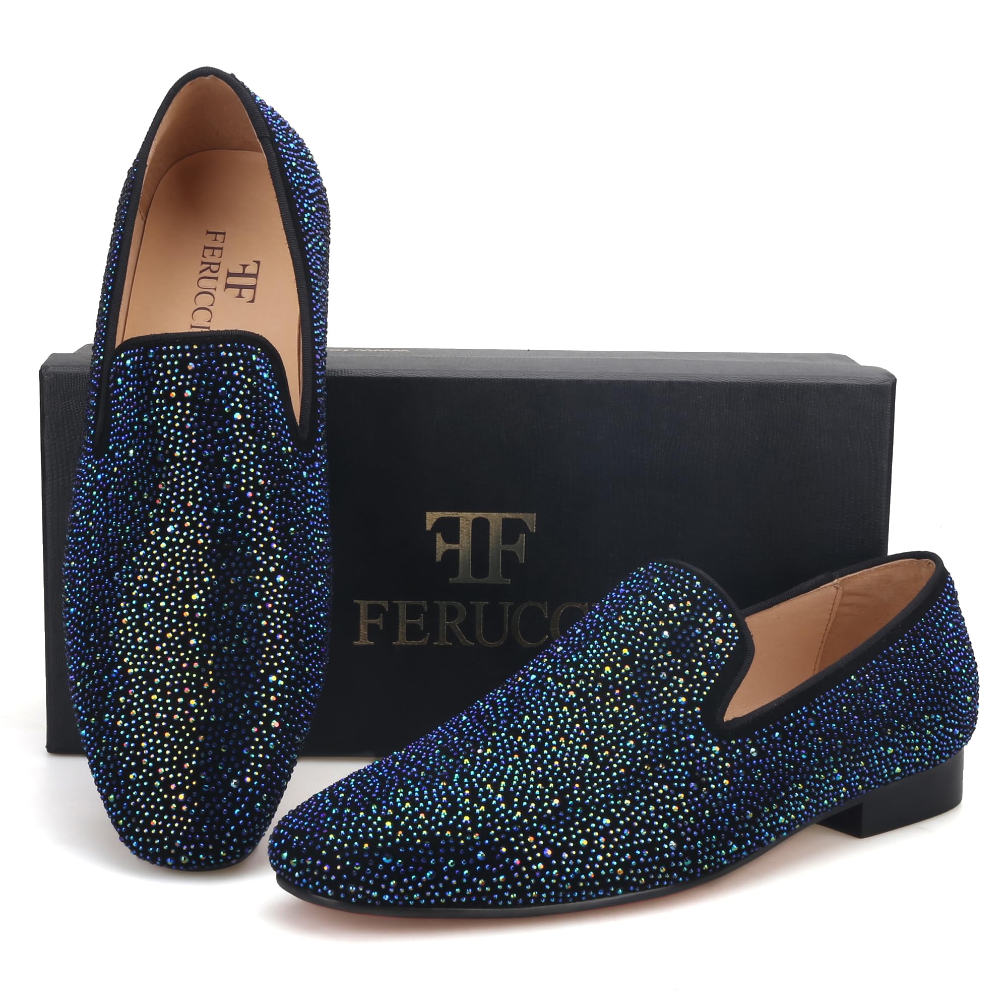 FERUCCI Men's Blue Crystal GZ Rhinestone Loafers - Comfortable Slip-On Shoes for Casual Wear, Parties & Home Use