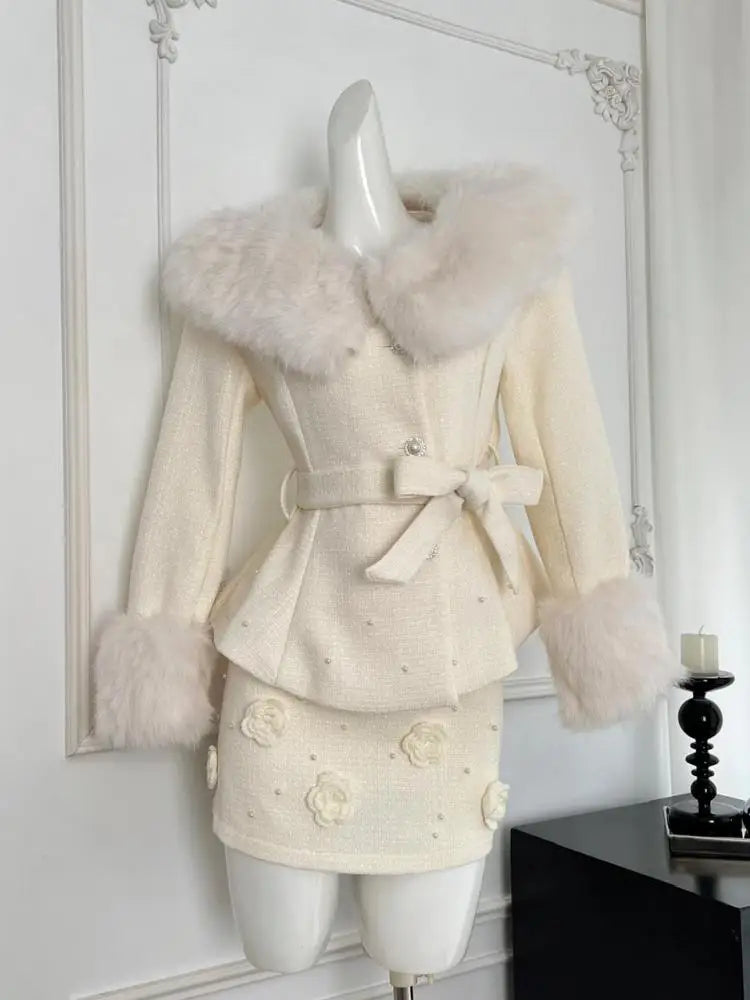 2024 New Women's Autumn Winter Retro Beige Plush Wool Coat & Floral Mini Skirt Two-Piece Set - Warm Office Outfit & Holiday Party Dress