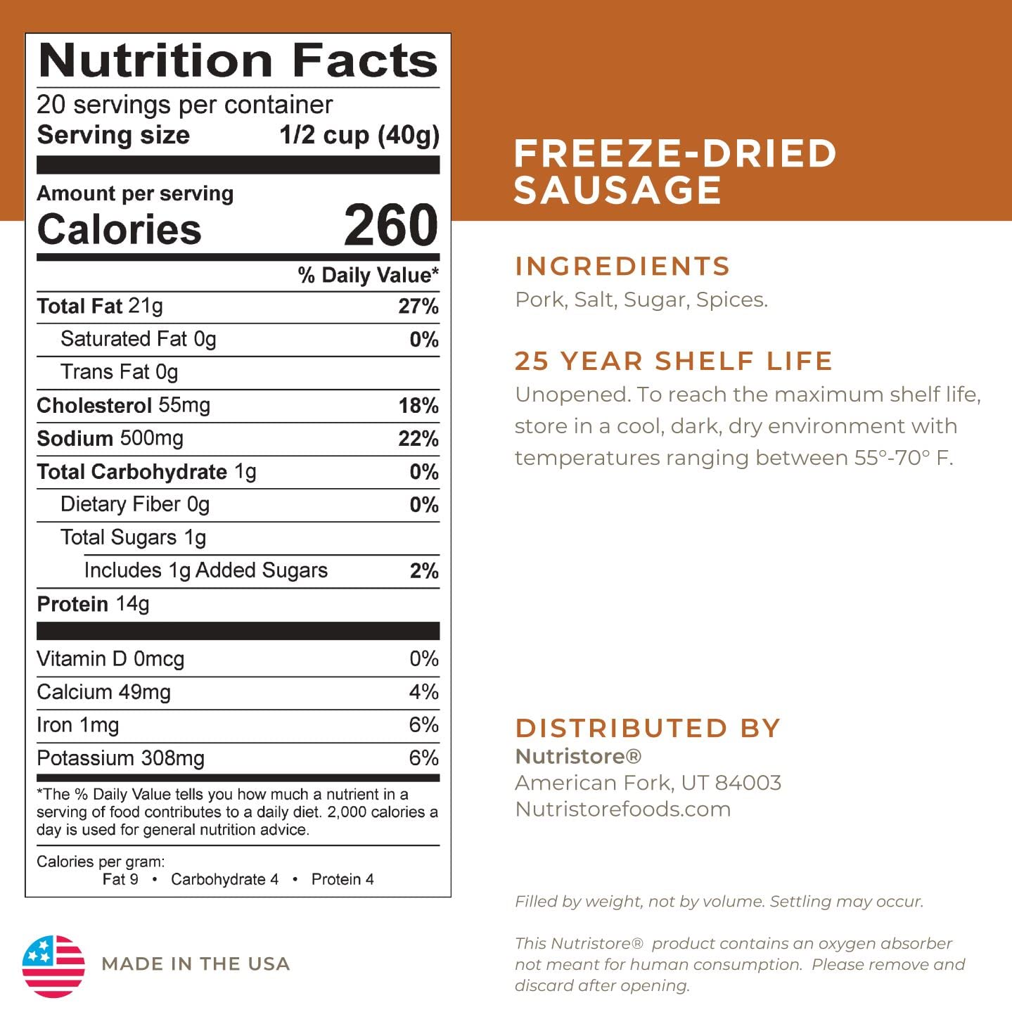 Nutristore Freeze Dried Sausage | Pre-Cooked Ground Pork Meat for Backpacking, Camping & Emergency Food Supply | 25 Year Shelf Life Survival Food | Bulk #10 Can (34.9 oz) | Perfect for Outdoor Adventures, Hiking & Long-Term Storage