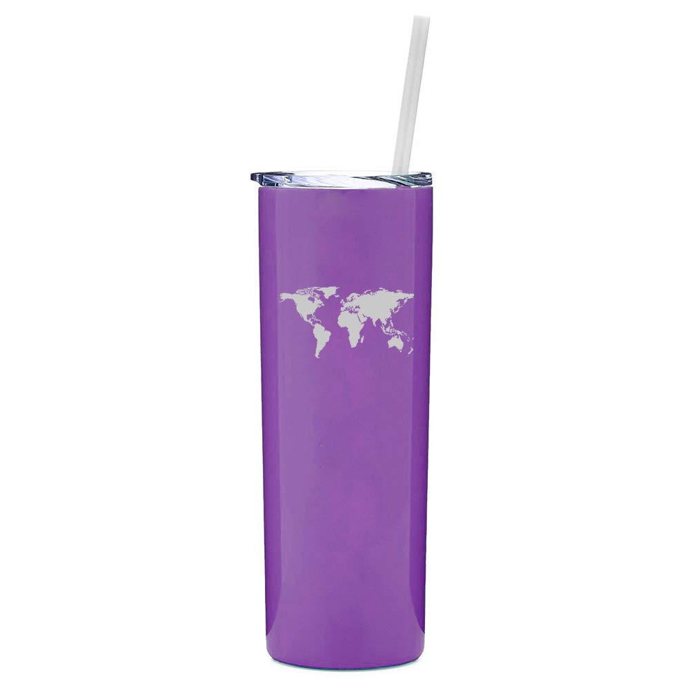 20 oz Skinny Tall Stainless Steel Vacuum Insulated Tumbler with Straw - World Map Design Travel Mug (Purple) - Perfect for Coffee, Tea & Cold Drinks On The Go, Office, Gym & Outdoor Adventures