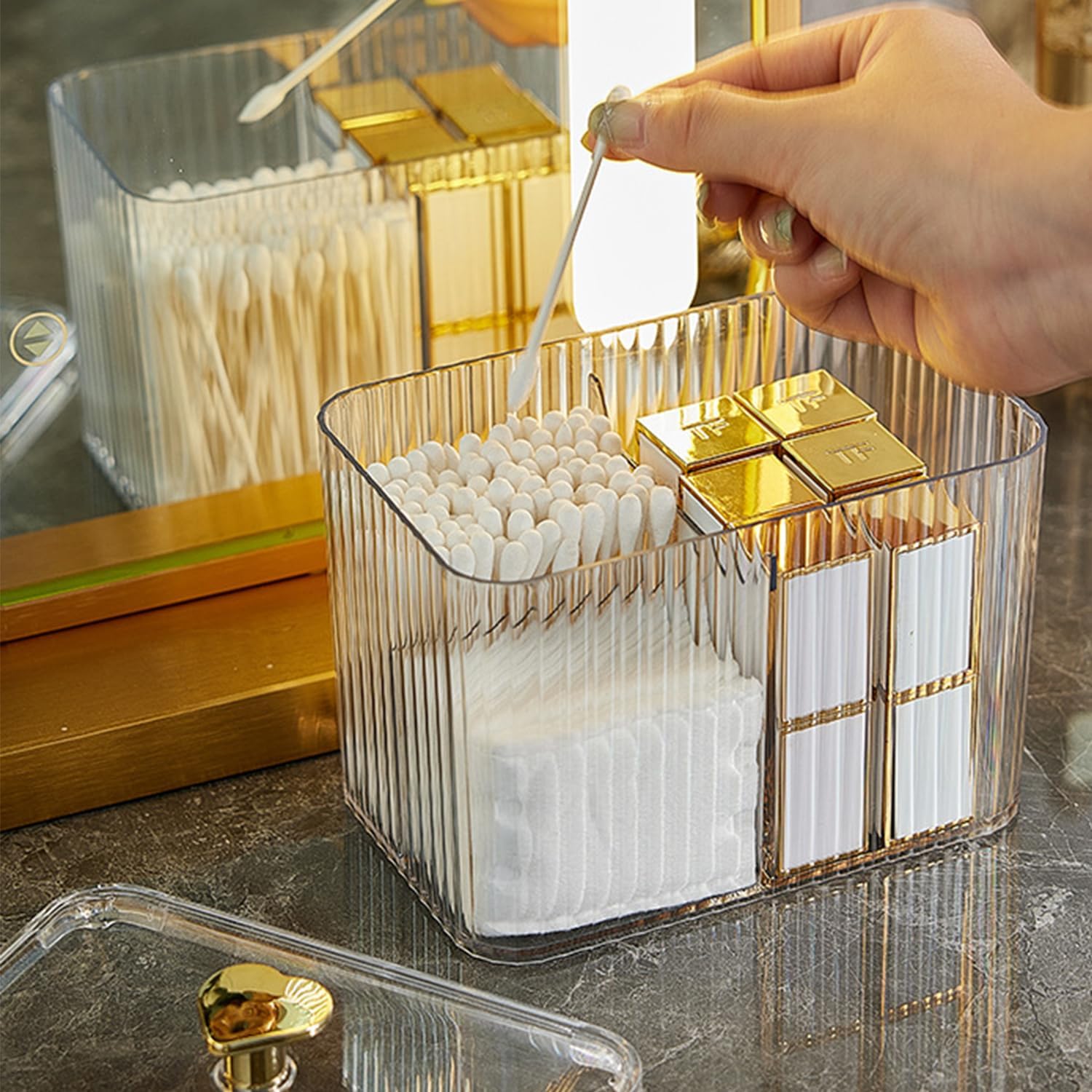 3-Section Cotton Ball & Swab Dispenser - Qtips Holder Bathroom Organizer with 3 Grids, Apothecary Jar for Vanity & Cosmetic Storage - Perfect for Bathroom Counter, Makeup Table & Travel Organizer
