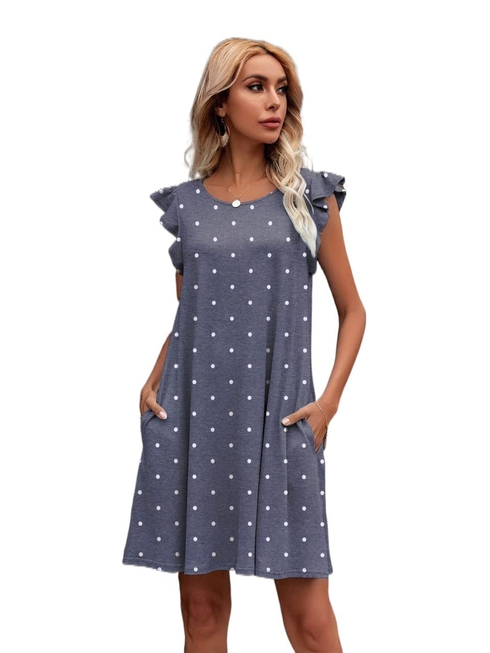 2022 Women's Summer Polka Dot Ruffle Trim Tee Dress - Casual Flowy Short Sleeve Dress for Beach, Vacation & Everyday Wear