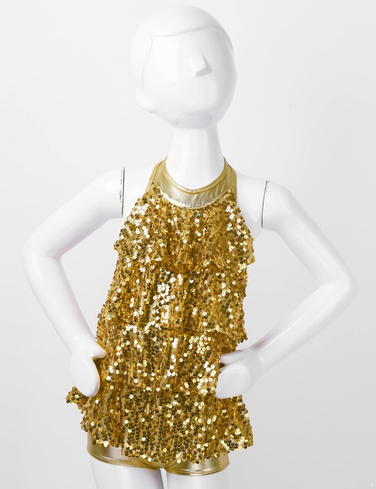 Sparkly Sequined Dance Dress for Girls - Jazz Latin Salsa Rumba Performance Leotard Costume (Gold, Size 8 Years) | Perfect for Dance Recitals, Competitions & Special Occasions
