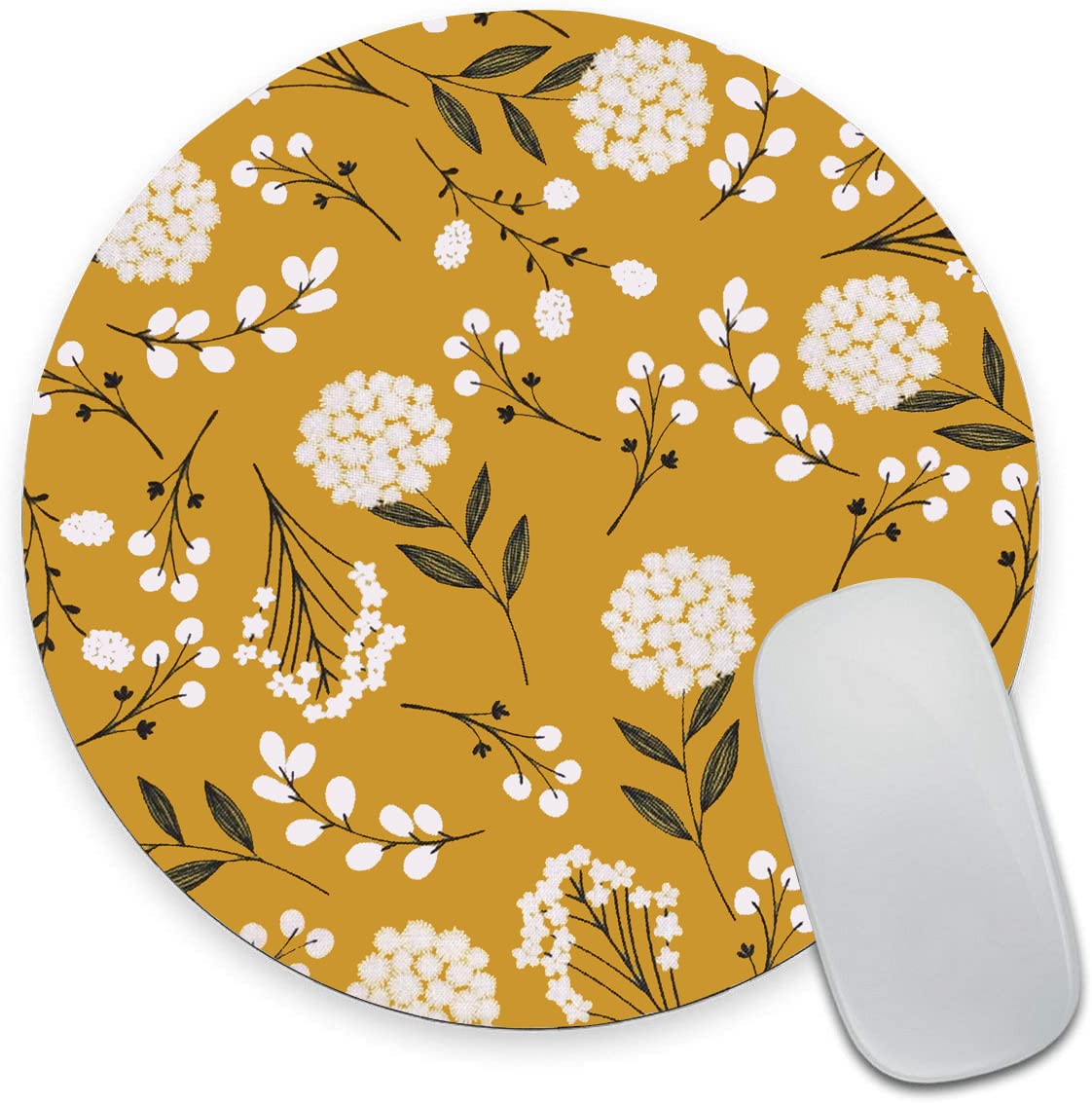 Floral Round Mouse Pad - Non-Slip Rubber Base Computer Mouse Mat with Yellow Flower Design | Waterproof Office & Gaming Accessory for Women | Perfect for Workstations, Home Offices & PC Gaming Setups