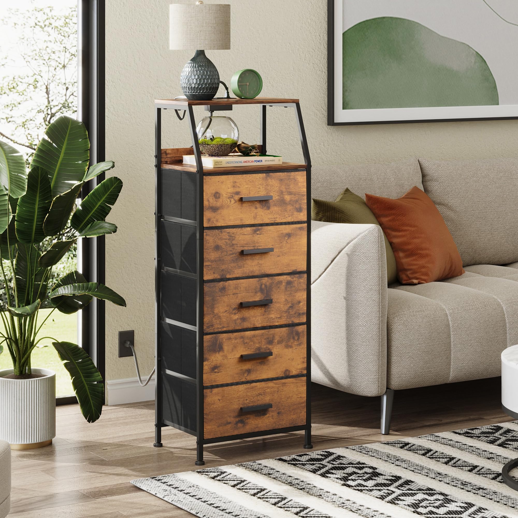5-Drawer Nightstand Dresser with USB Charging Station, Fabric Storage Drawers & Open Shelf - Modern Bedside Table for Bedroom, Hallway, Entryway - Perfect for Small Spaces & Phone Charging