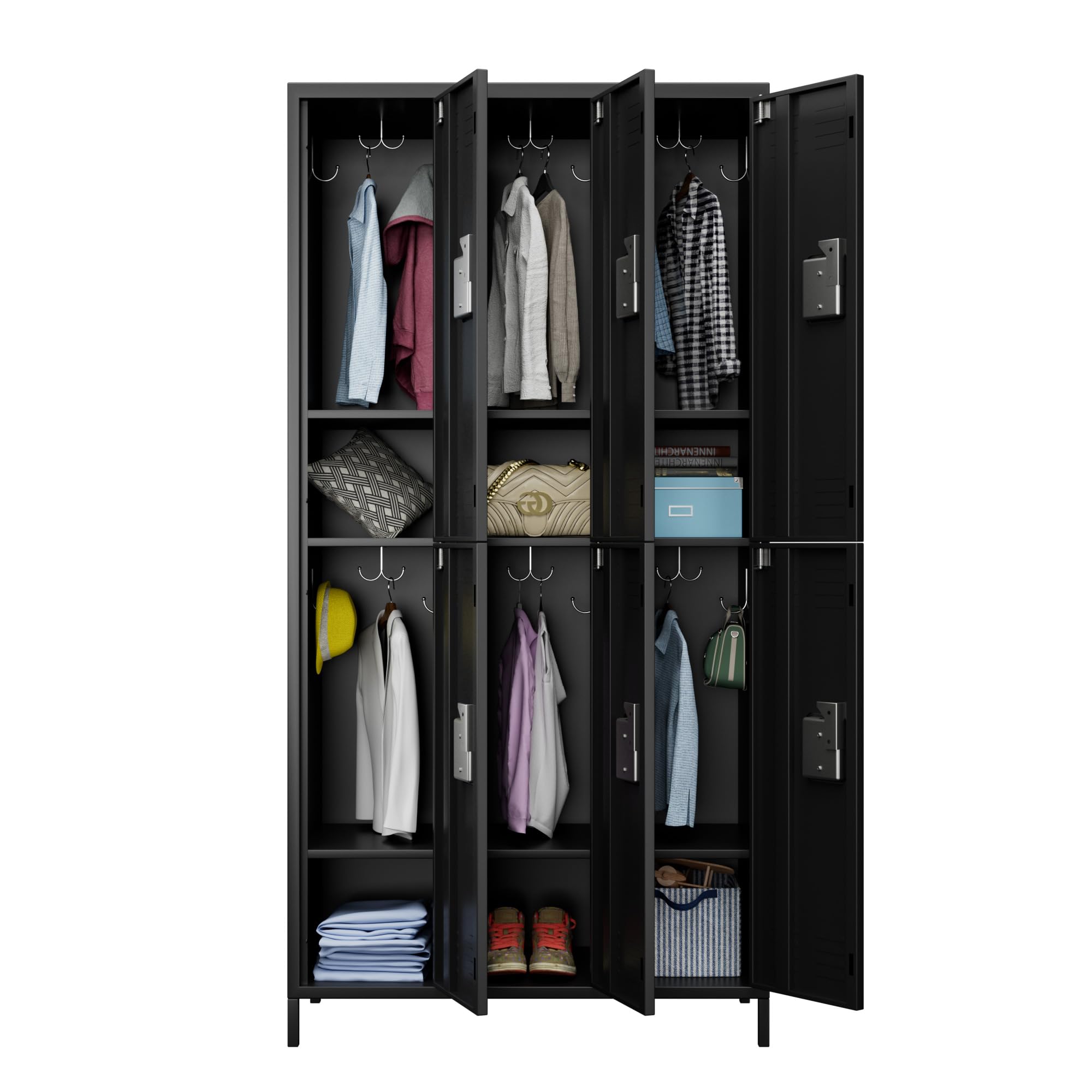 Aobabo 6-Door Steel Storage Locker Cabinet - Heavy Duty Metal Locker for Office, Gym, Bedroom & Dorm - Industrial Organization with 12 Hooks (Black, Assembly Required) - Perfect for Employee Storage, School Lockers & Sports Equipment Organization
