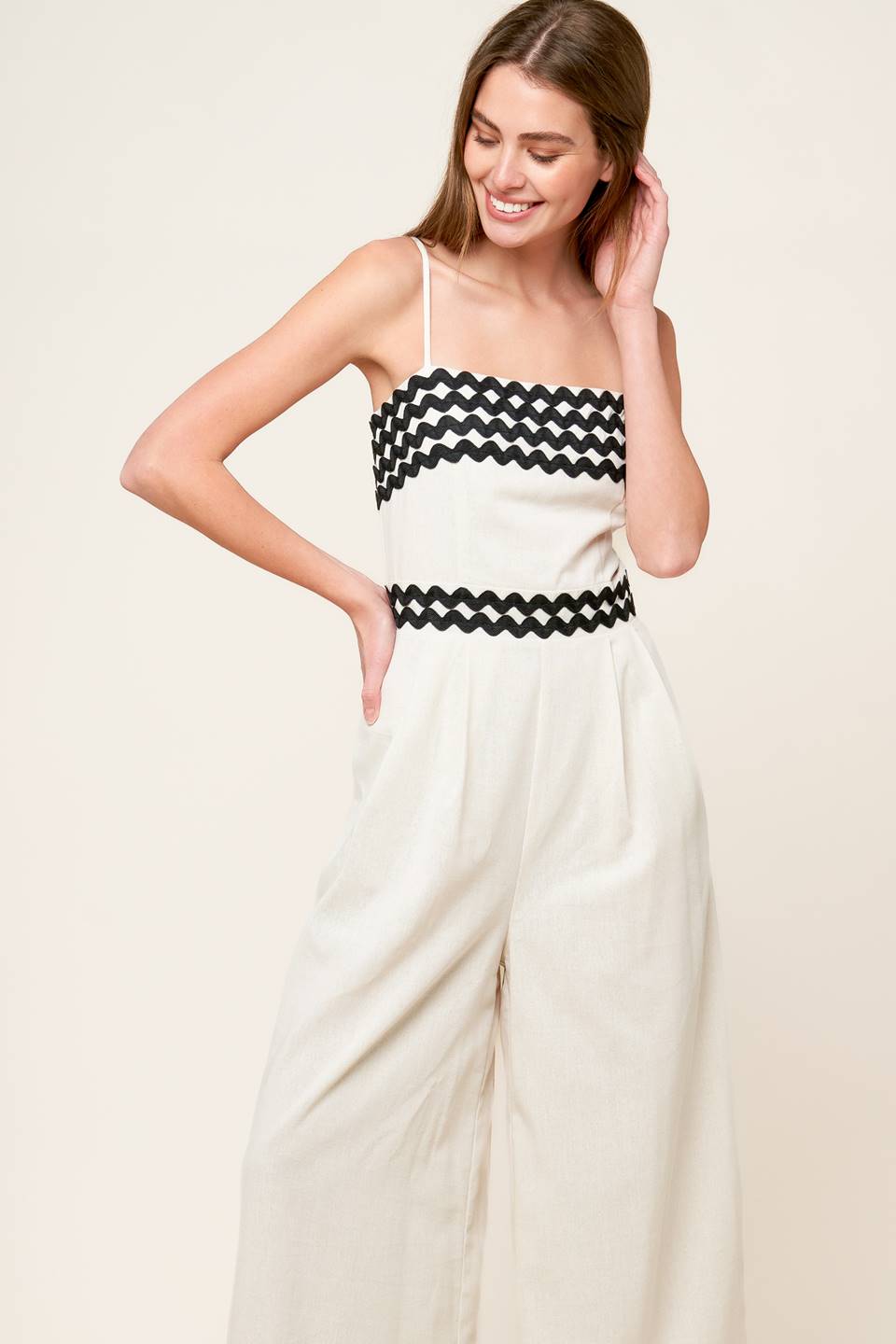 MEET AT THE PIER Cream Ric Rac Trim Wide Leg Jumpsuit - Stylish Summer Beach Outfit for Women | Perfect for Vacations, Parties & Casual Wear