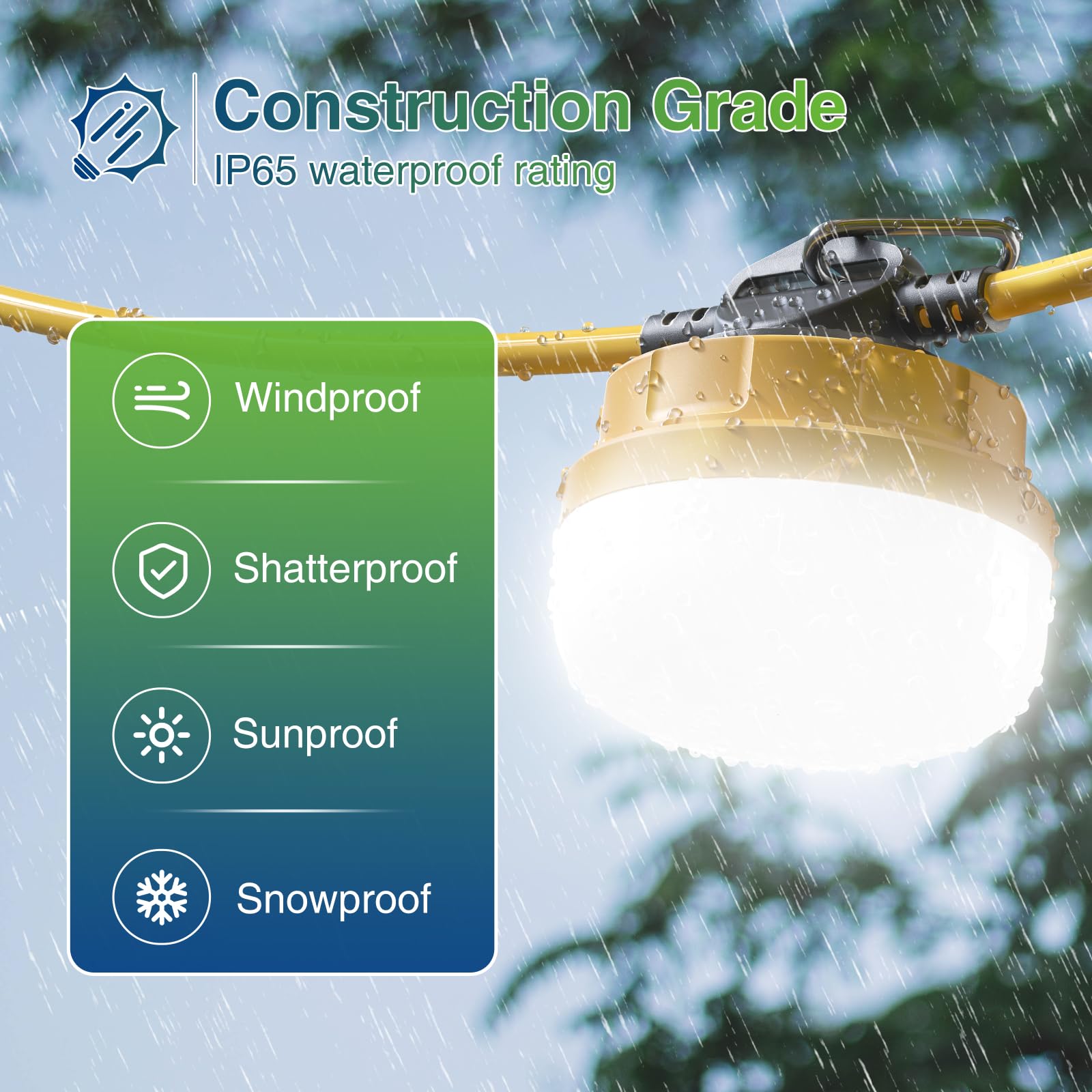 100FT Construction String Lights - 100W 12000LM IP65 Weatherproof Linkable Jobsite Work Light with 10 Replaceable Bulbs & Hanging Hooks | ETL Certified for Construction Sites, Warehouse, Backyard, Patio, Camping & Outdoor Events