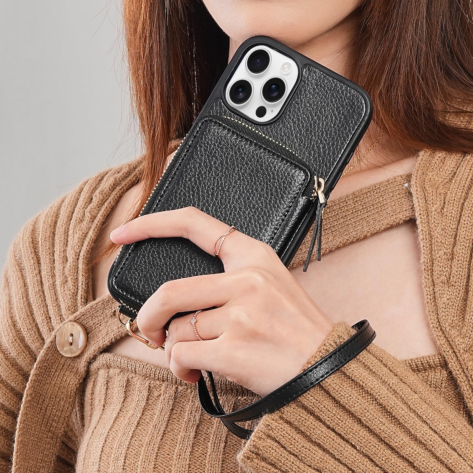 ZVE iPhone 12 Pro Max Wallet Case with Card Holder & Wrist Strap - RFID Blocking Zipper Phone Purse Cover for Women (6.7 inch, 2020, Black) - Perfect for Shopping, Travel & Daily Use