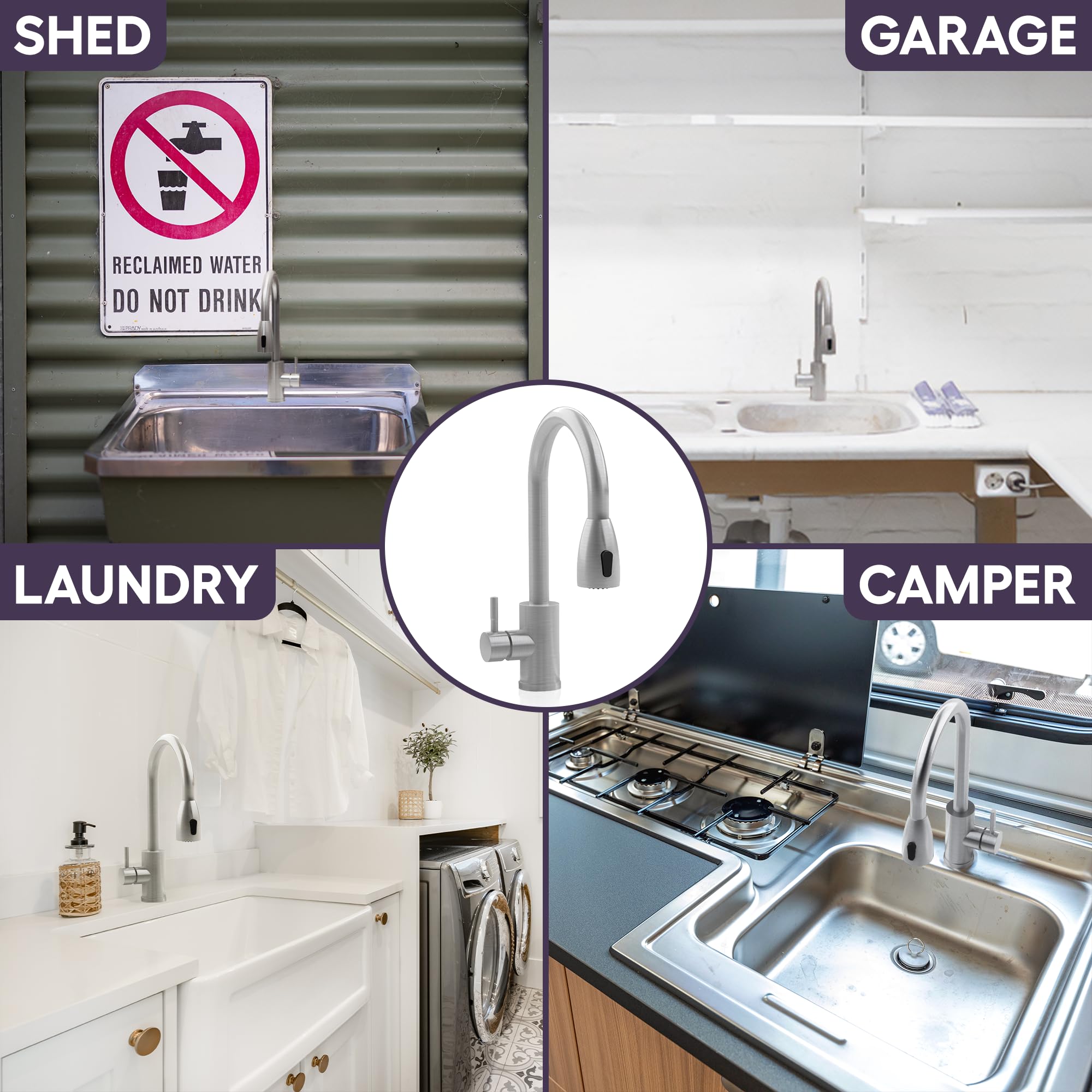 Stainless Steel Gooseneck Utility Sink Faucet with Pull Down Sprayer - 2.2 GPM High Flow, K-35 Washerless Ceramic Cartridge, Flexible Supply Line - Perfect for Laundry Room, Garage, Workshop & Outdoor Cleaning